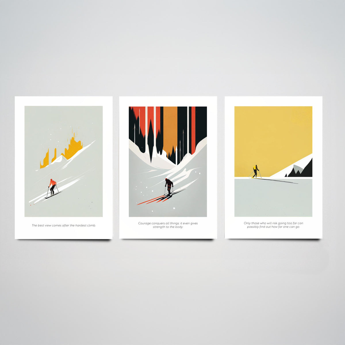 Abstract Skiing Quotes Set of Three Art Prints - Minimalist Skiers in Mustard and Black - Gallery Poster Illustration V2