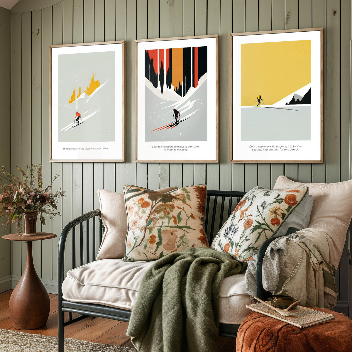 Abstract Skiing Quotes Set of Three Art Prints - Minimalist Skiers in Mustard and Black - Gallery Poster Illustration V2