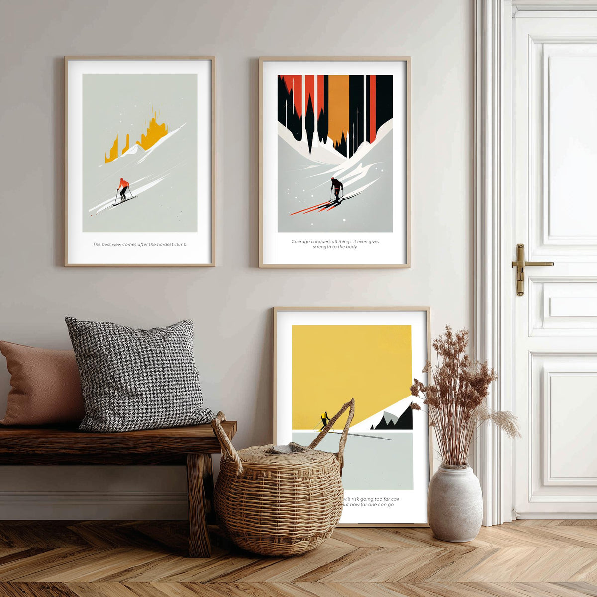 Abstract Skiing Quotes Set of Three Art Prints - Minimalist Skiers in Mustard and Black - Gallery Poster Illustration V2