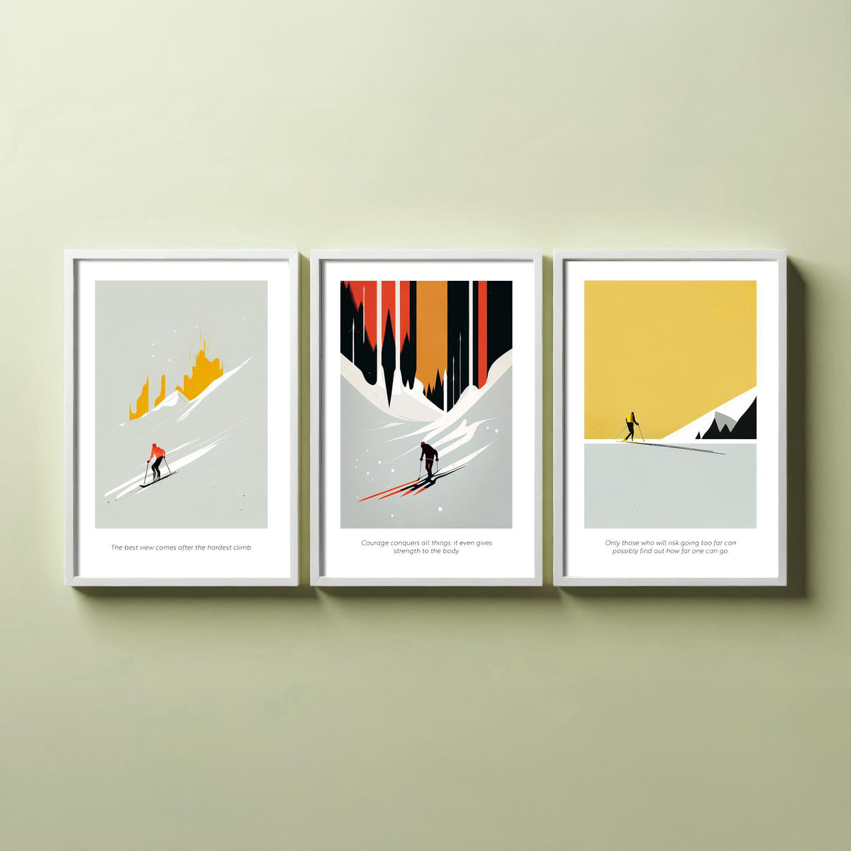 Abstract Skiing Quotes Set of Three Art Prints - Minimalist Skiers in Mustard and Black - Gallery Poster Illustration V2