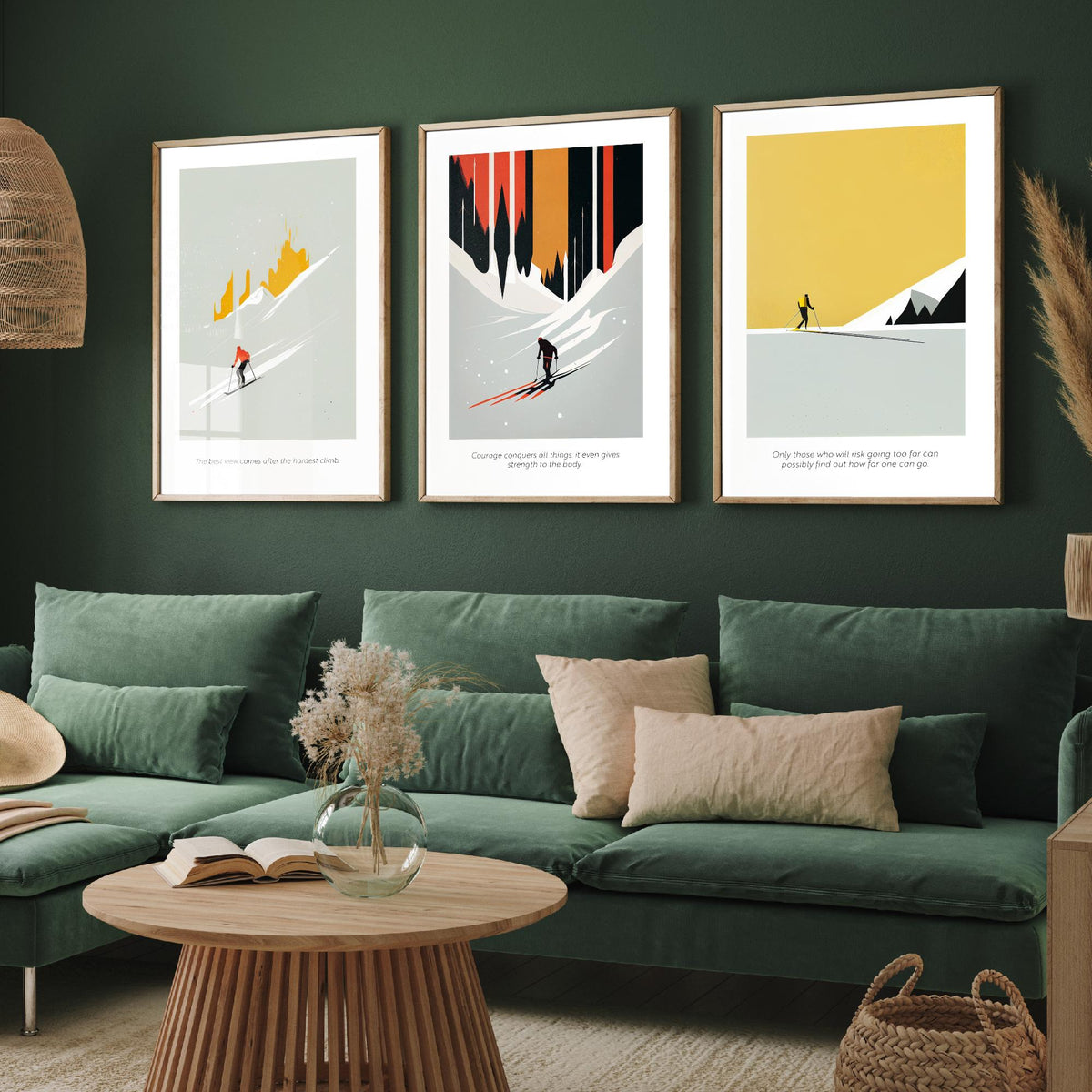 Abstract Skiing Quotes Set of Three Art Prints - Minimalist Skiers in Mustard and Black - Gallery Poster Illustration V2