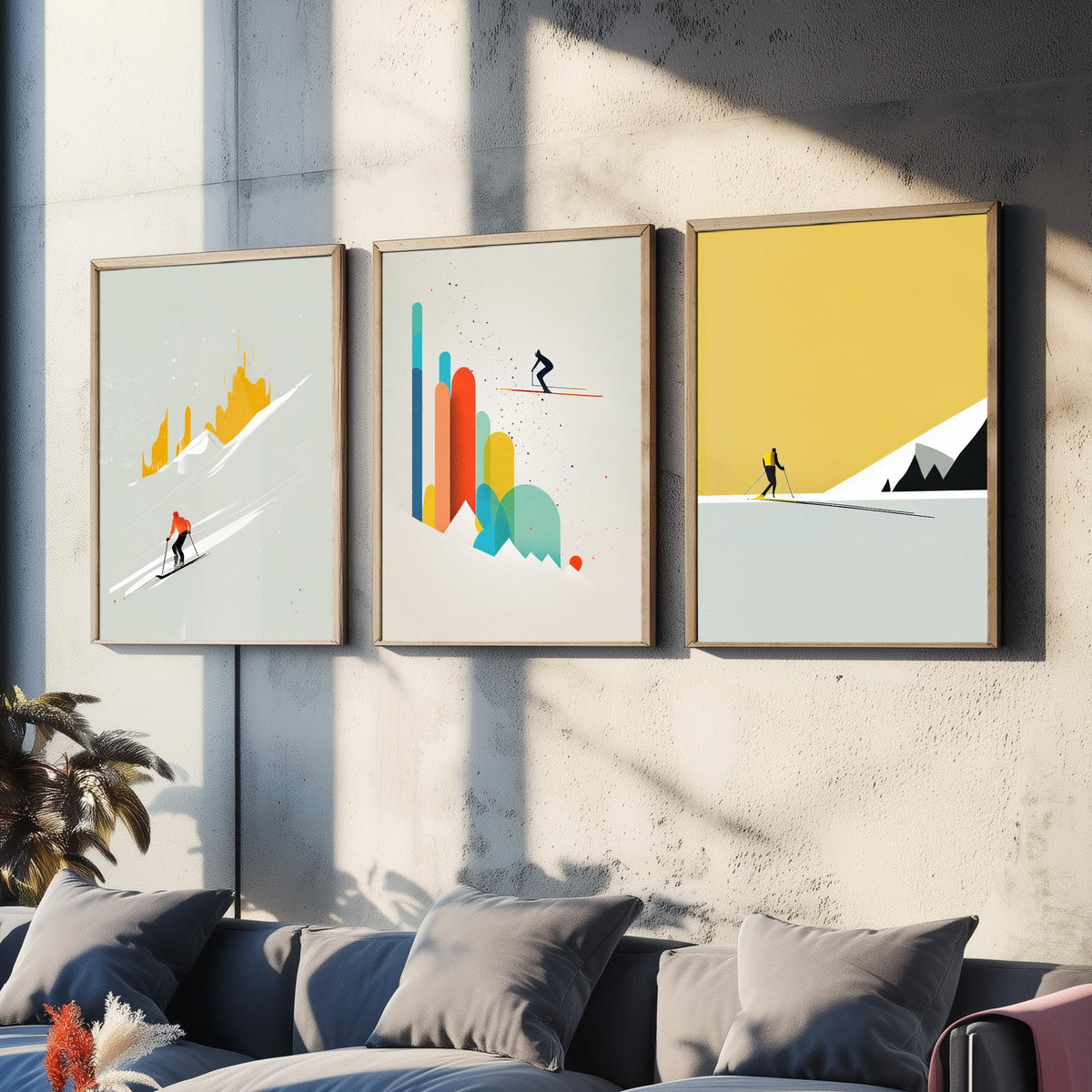 Abstract Skiing Set of Three Art Prints - Minimalist Skiers in Mustard and Grey - Modern Ski Poster Illustration V1