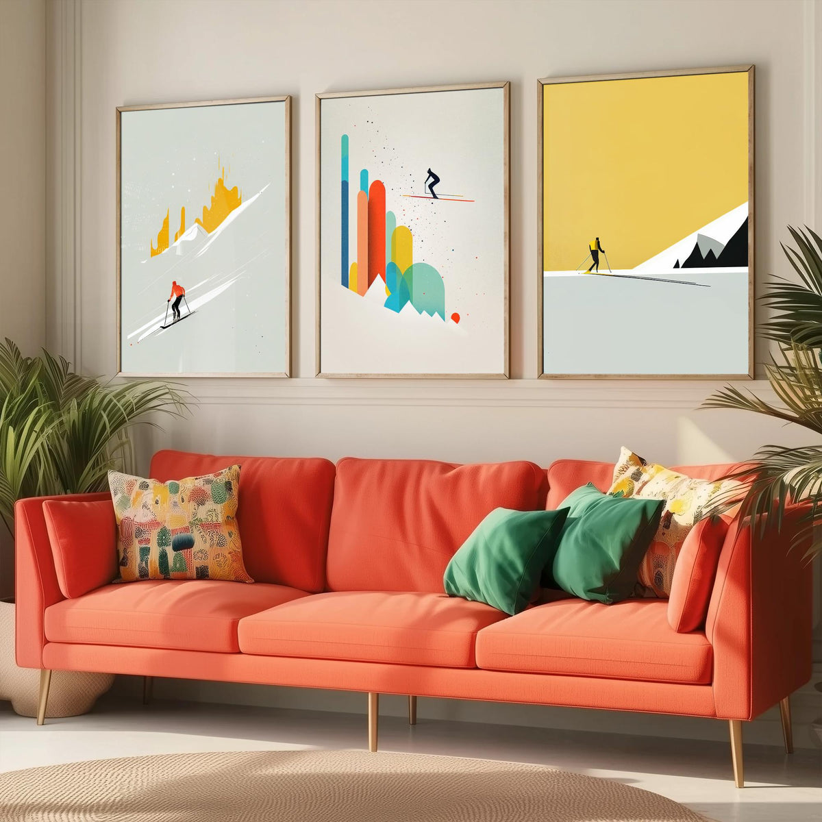 Abstract Skiing Set of Three Art Prints - Minimalist Skiers in Mustard and Grey - Modern Ski Poster Illustration V1