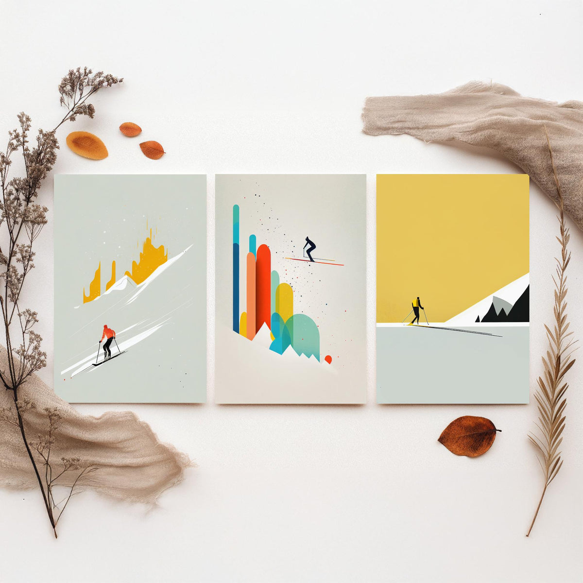 Abstract Skiing Set of Three Art Prints - Minimalist Skiers in Mustard and Grey - Modern Ski Poster Illustration V1