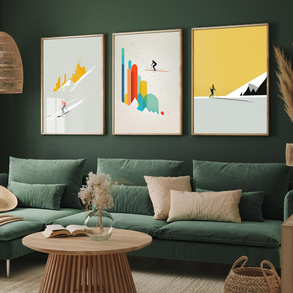Abstract Skiing Set of Three Art Prints - Minimalist Skiers in Mustard and Grey - Modern Ski Poster Illustration V1