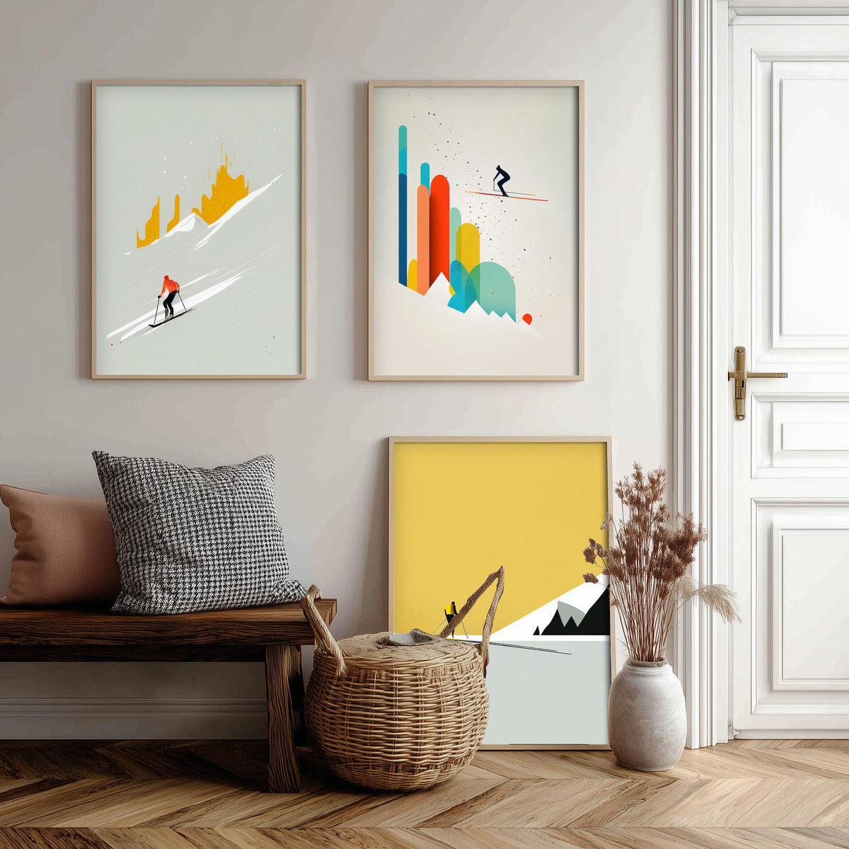 Abstract Skiing Set of Three Art Prints - Minimalist Skiers in Mustard and Grey - Modern Ski Poster Illustration V1