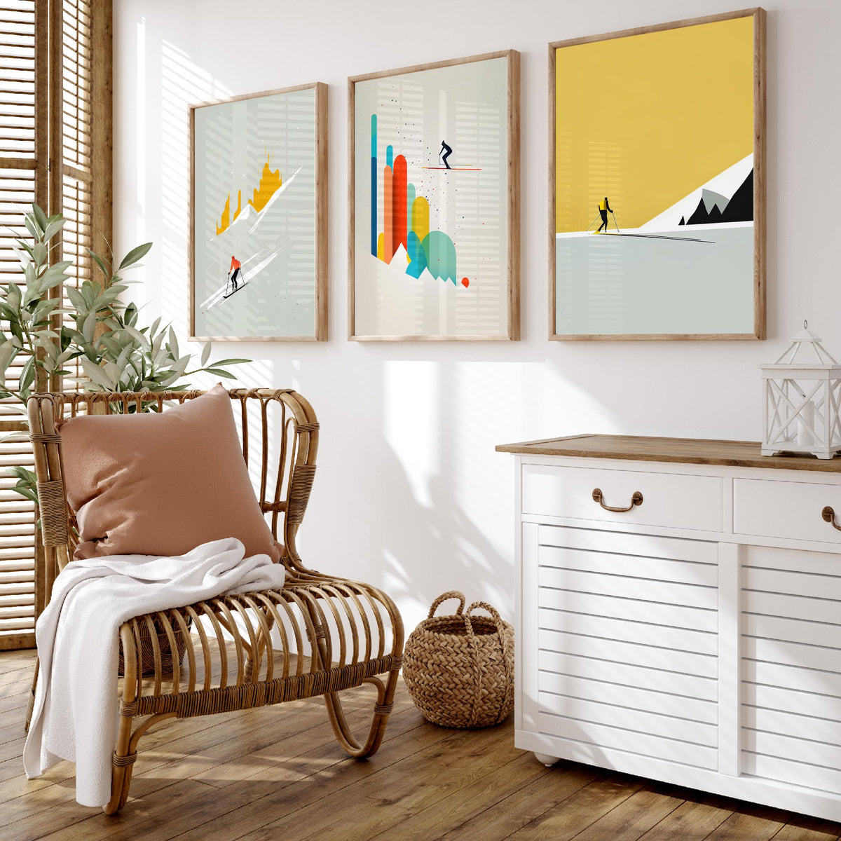 Abstract Skiing Set of Three Art Prints - Minimalist Skiers in Mustard and Grey - Modern Ski Poster Illustration V1
