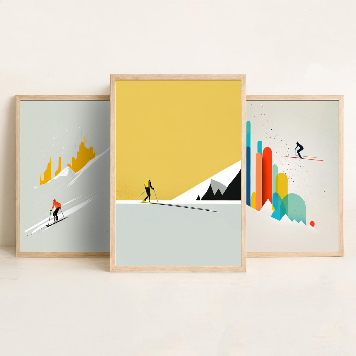 Abstract Skiing Set of Three Art Prints - Minimalist Skiers in Mustard and Grey - Modern Ski Poster Illustration V1