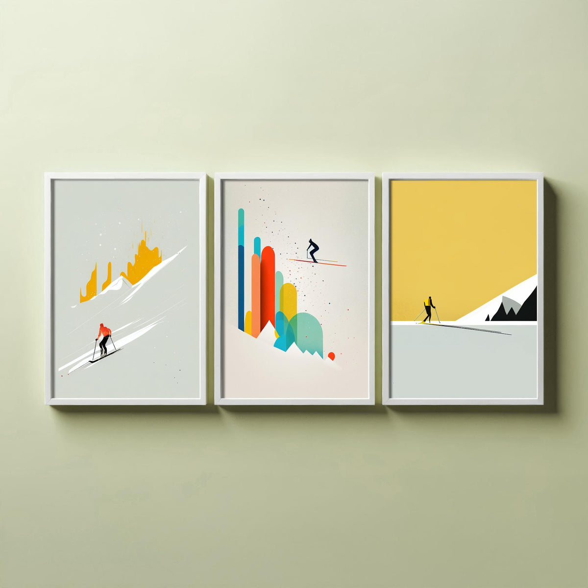 Abstract Skiing Set of Three Art Prints - Minimalist Skiers in Mustard and Grey - Modern Ski Poster Illustration V1
