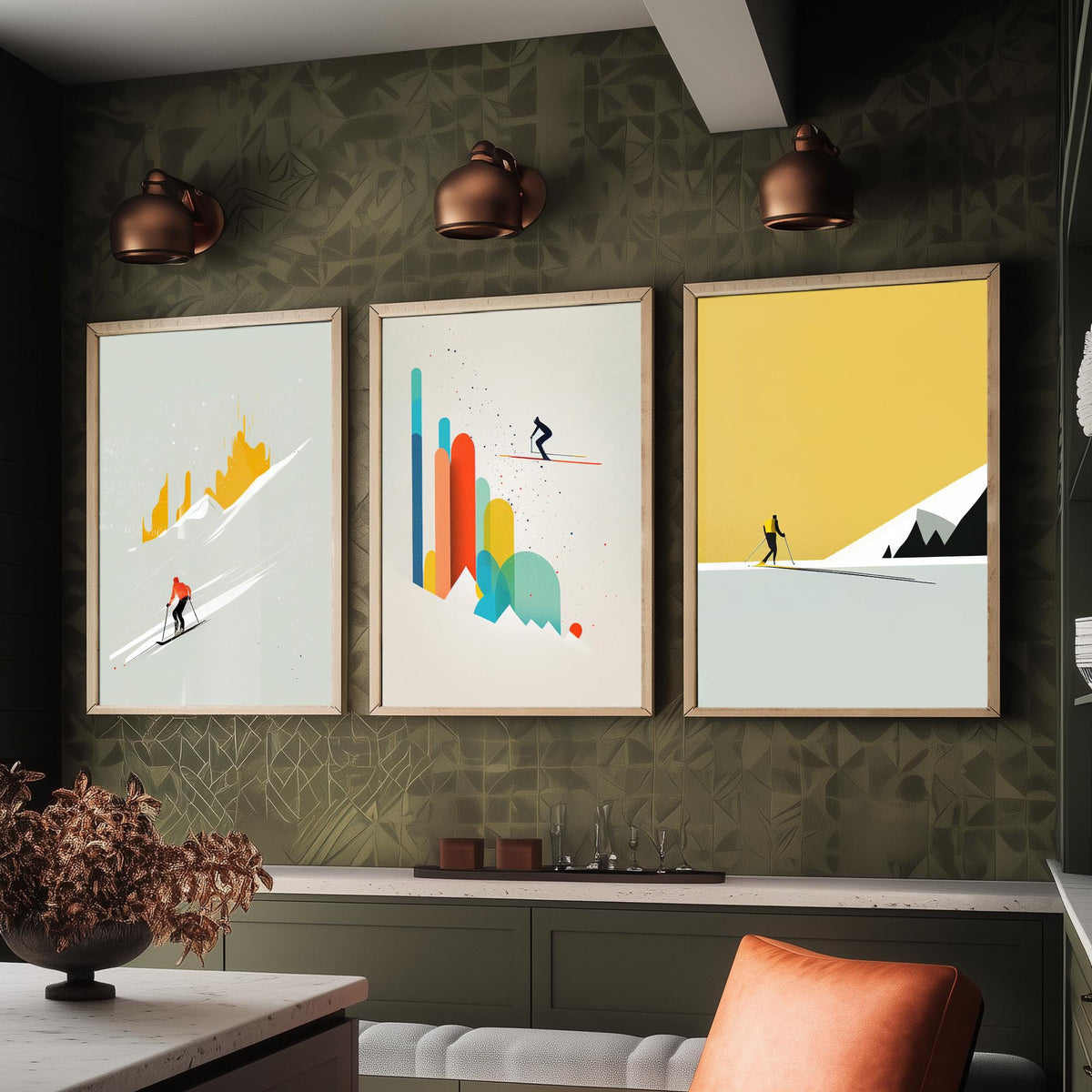 Abstract Skiing Set of Three Art Prints - Minimalist Skiers in Mustard and Grey - Modern Ski Poster Illustration V1