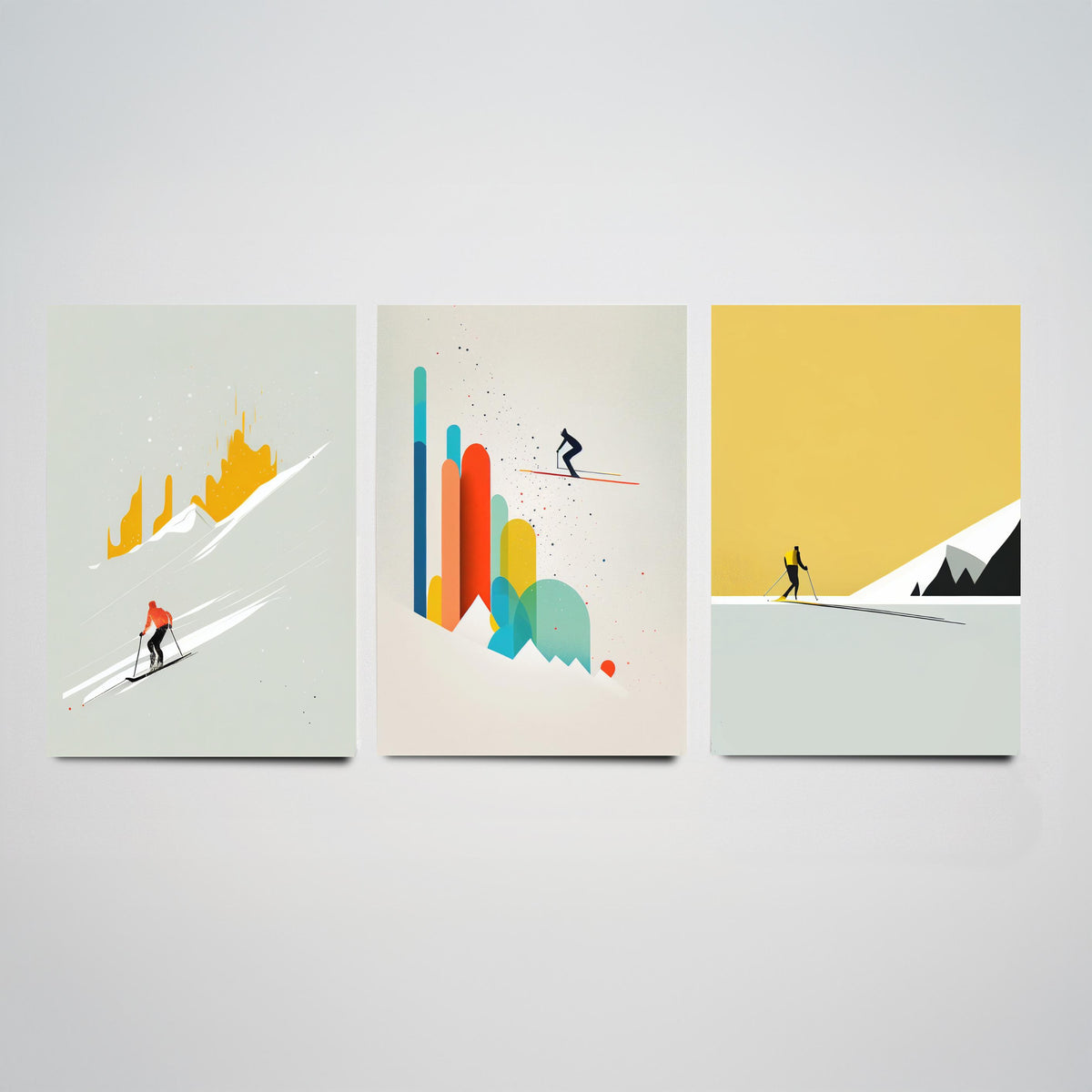 Abstract Skiing Set of Three Art Prints - Minimalist Skiers in Mustard and Grey - Modern Ski Poster Illustration V1
