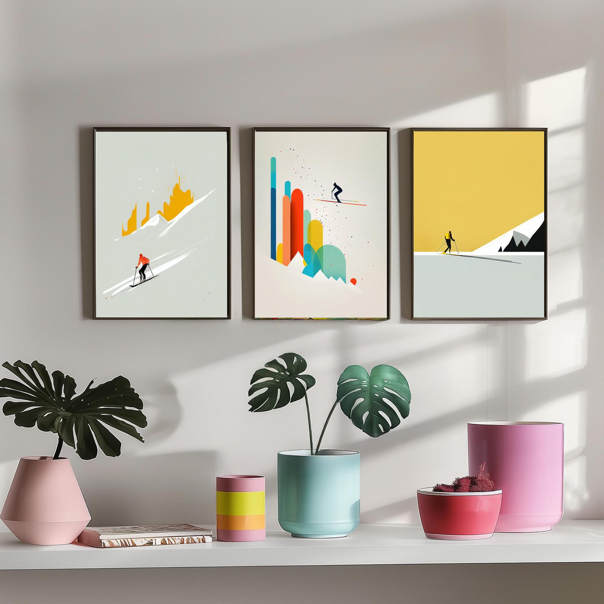Abstract Skiing Set of Three Art Prints - Minimalist Skiers in Mustard and Grey - Modern Ski Poster Illustration V1