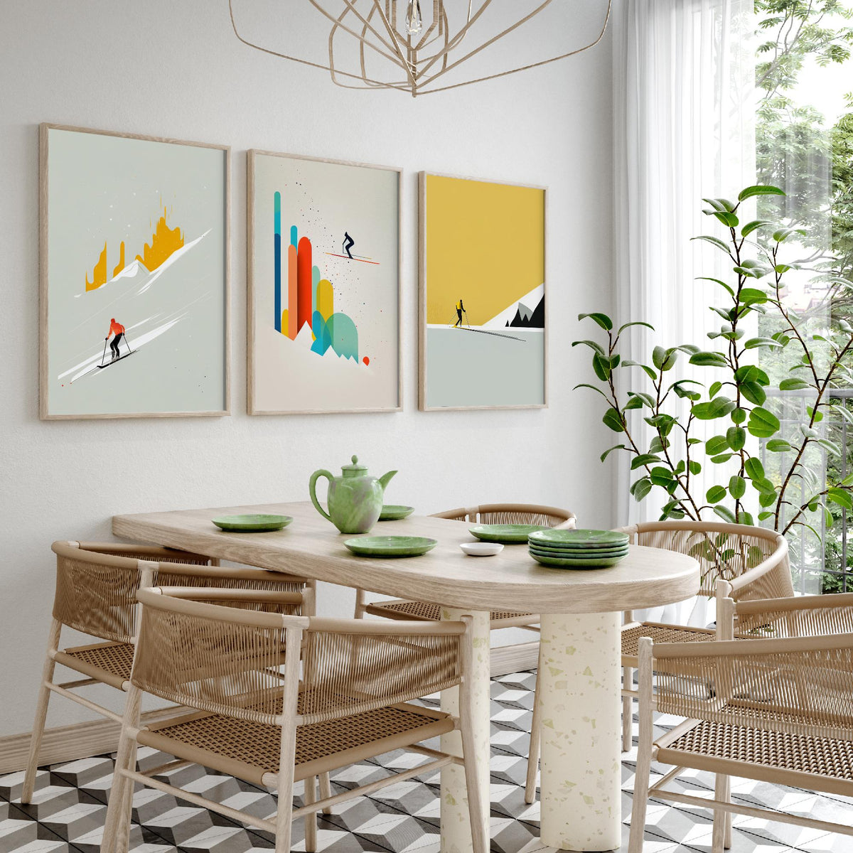 Abstract Skiing Set of Three Art Prints - Minimalist Skiers in Mustard and Grey - Modern Ski Poster Illustration V1
