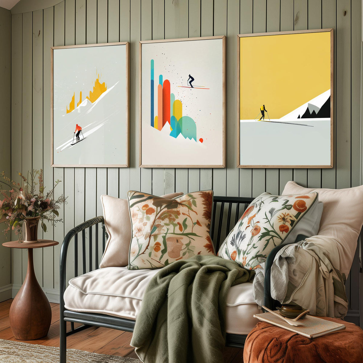 Abstract Skiing Set of Three Art Prints - Minimalist Skiers in Mustard and Grey - Modern Ski Poster Illustration V1