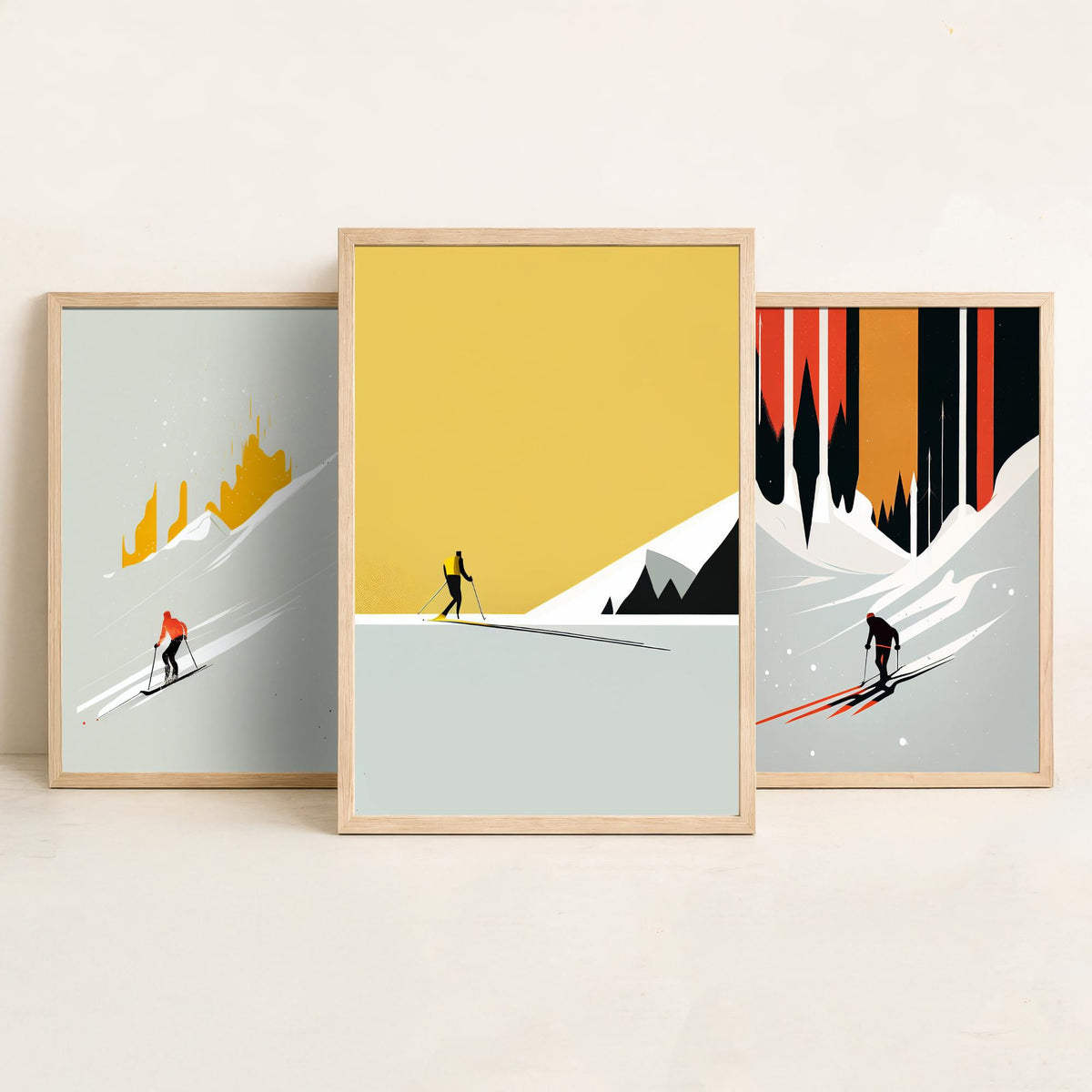Abstract Skiing Set of Three Art Prints - Minimalist Skiers in Mustard and Black - Modern Ski Poster Illustration V2