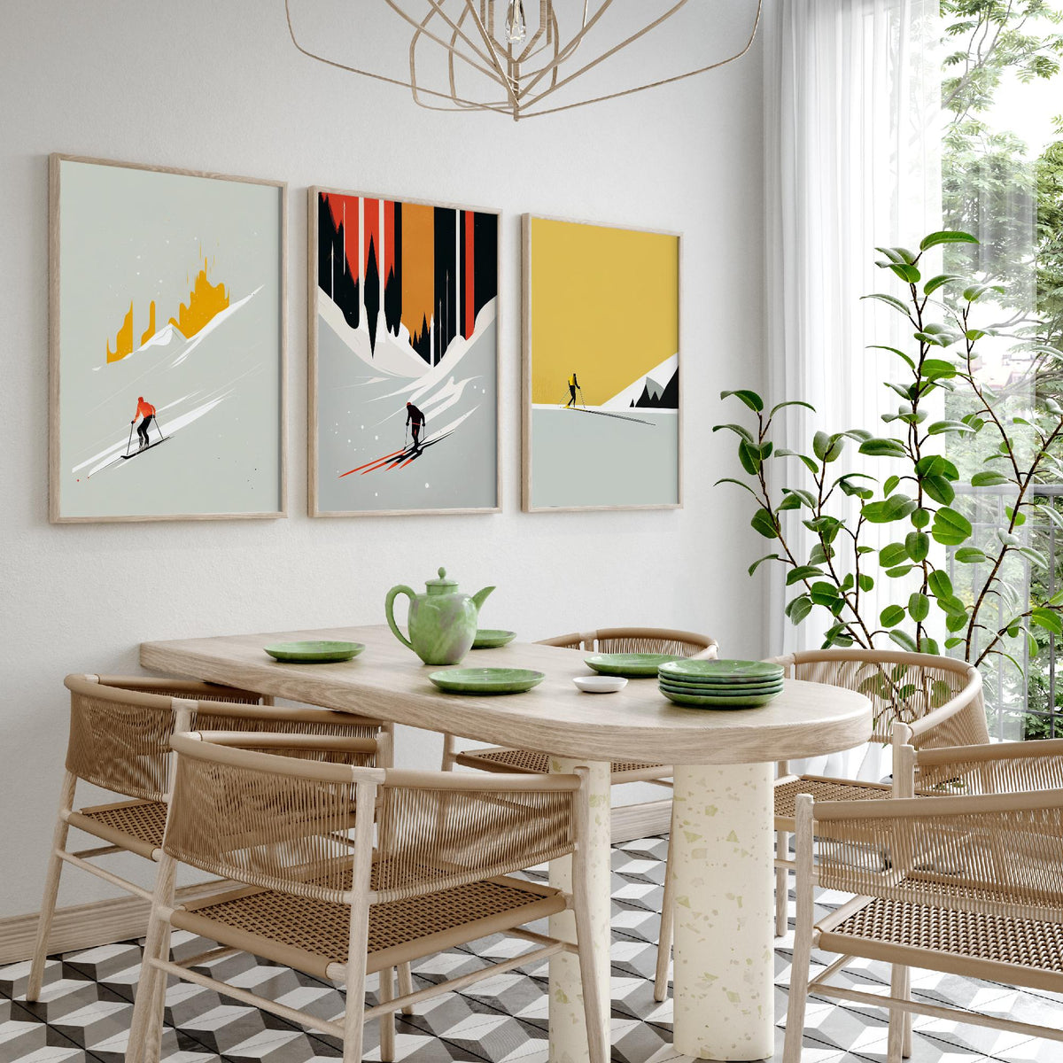 Abstract Skiing Set of Three Art Prints - Minimalist Skiers in Mustard and Black - Modern Ski Poster Illustration V2