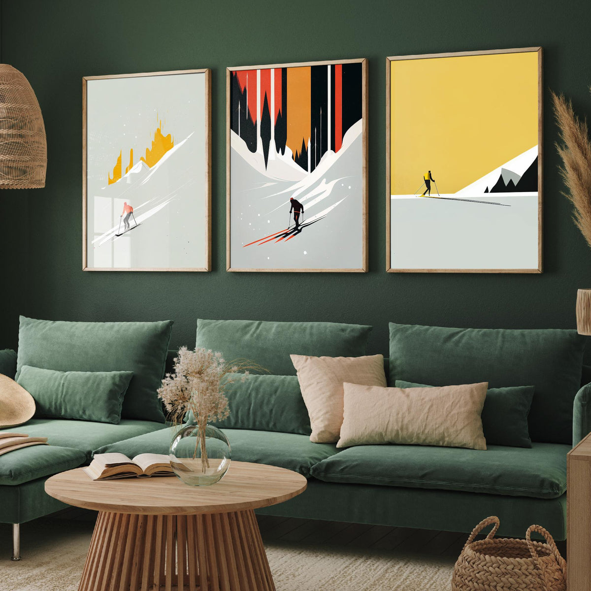 Abstract Skiing Set of Three Art Prints - Minimalist Skiers in Mustard and Black - Modern Ski Poster Illustration V2
