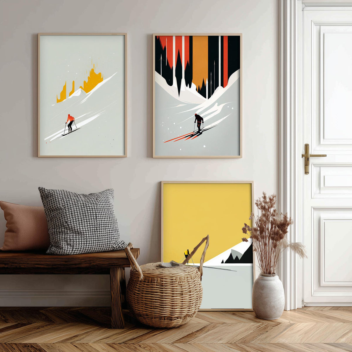 Abstract Skiing Set of Three Art Prints - Minimalist Skiers in Mustard and Black - Modern Ski Poster Illustration V2