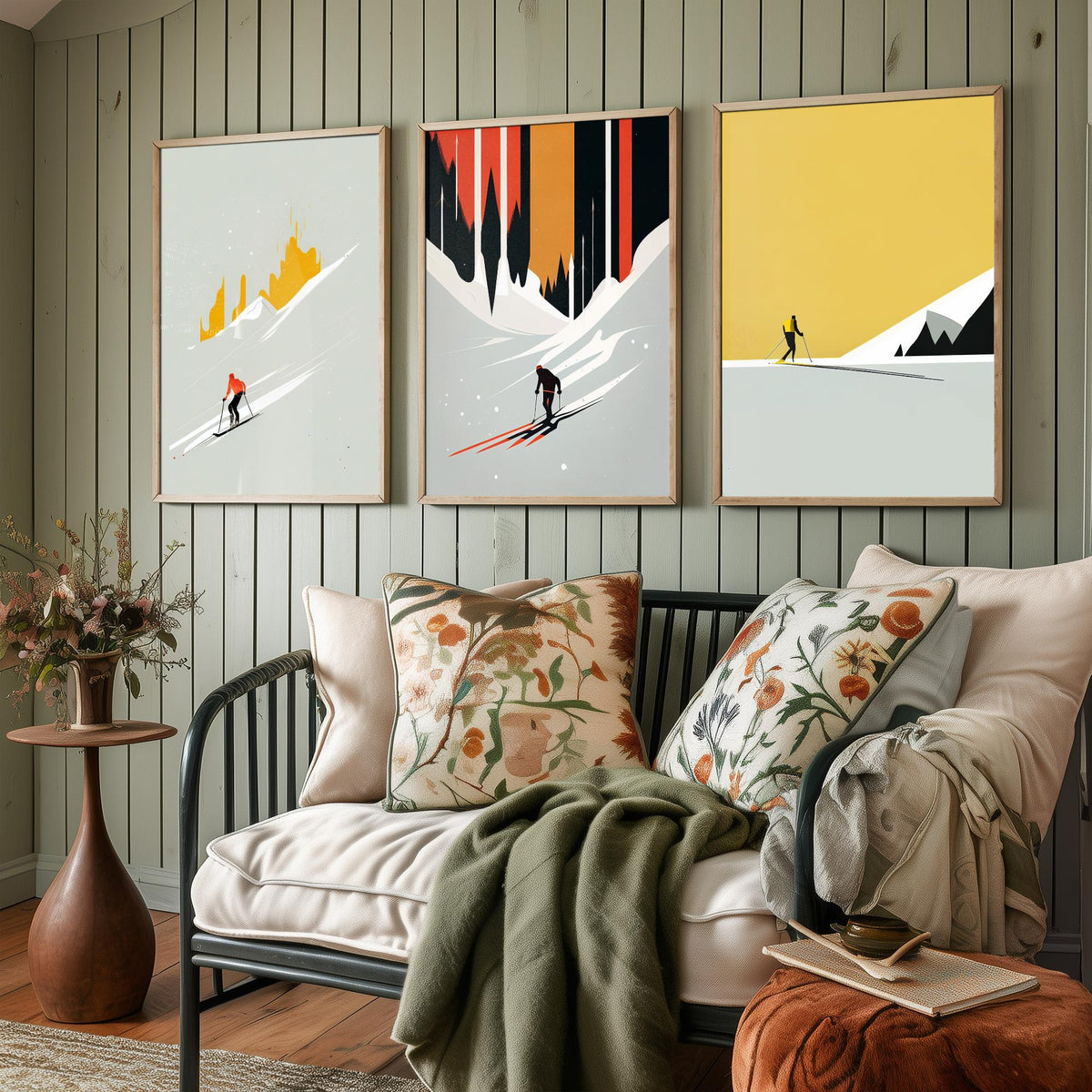 Abstract Skiing Set of Three Art Prints - Minimalist Skiers in Mustard and Black - Modern Ski Poster Illustration V2