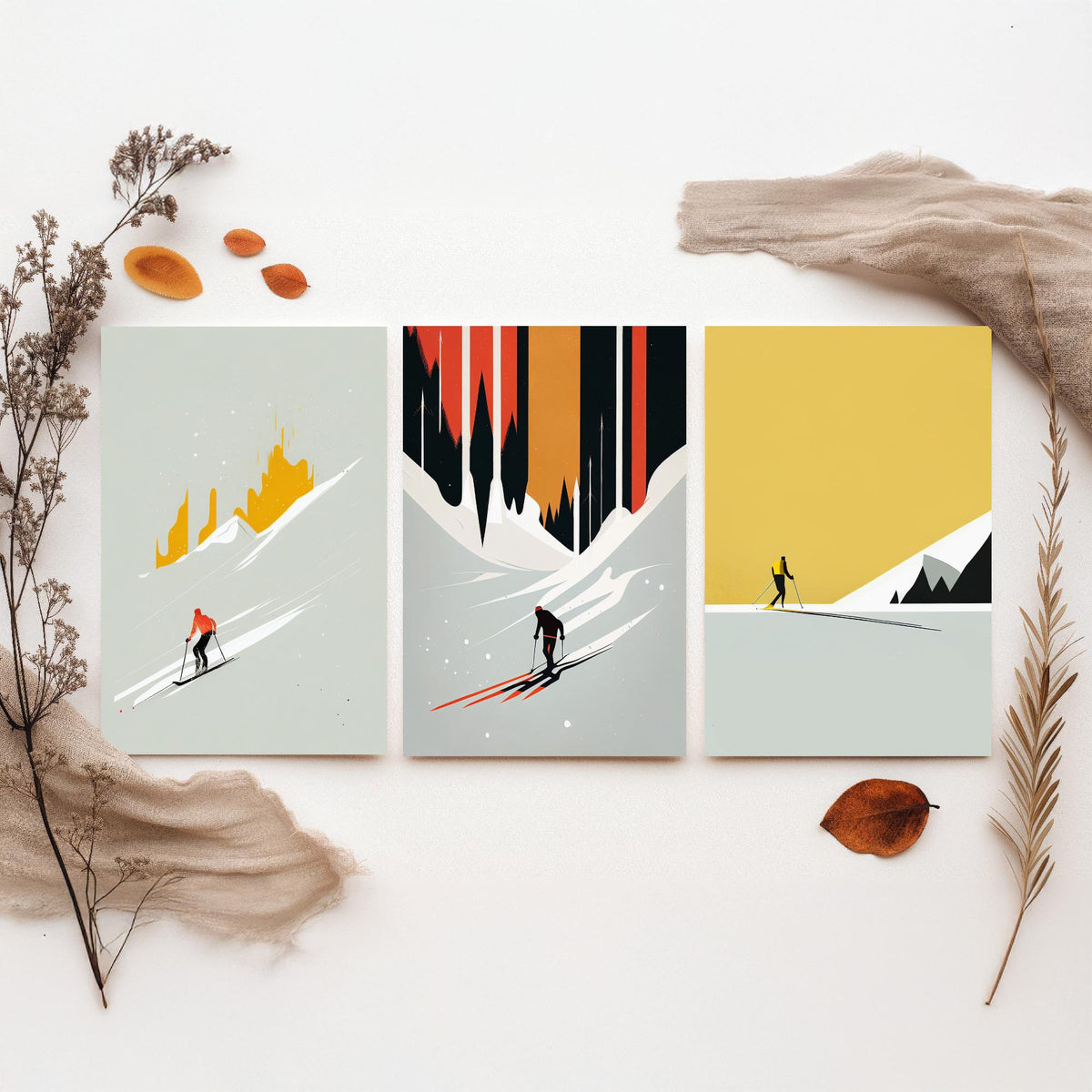Abstract Skiing Set of Three Art Prints - Minimalist Skiers in Mustard and Black - Modern Ski Poster Illustration V2