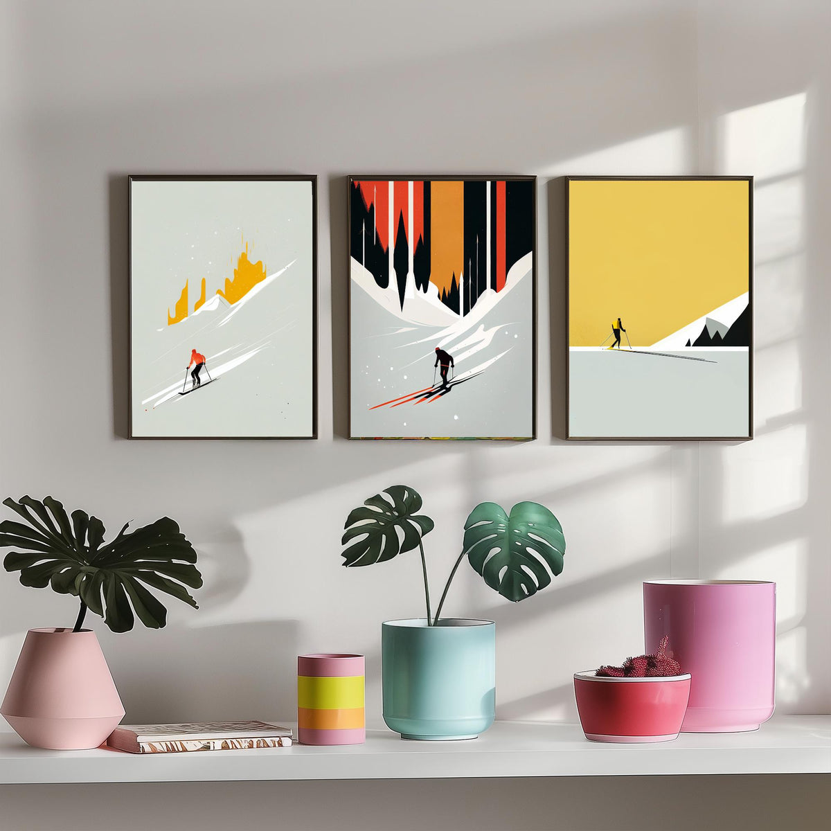Abstract Skiing Set of Three Art Prints - Minimalist Skiers in Mustard and Black - Modern Ski Poster Illustration V2