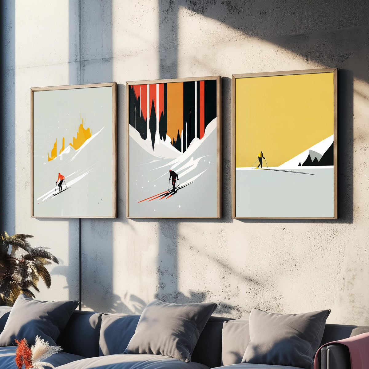 Abstract Skiing Set of Three Art Prints - Minimalist Skiers in Mustard and Black - Modern Ski Poster Illustration V2