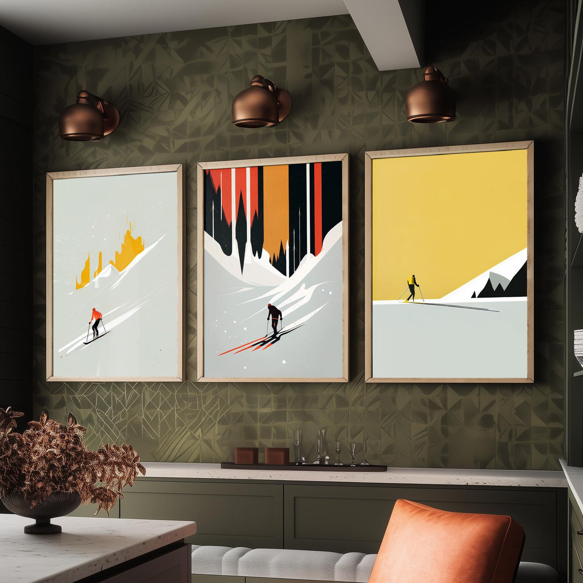 Abstract Skiing Set of Three Art Prints - Minimalist Skiers in Mustard and Black - Modern Ski Poster Illustration V2