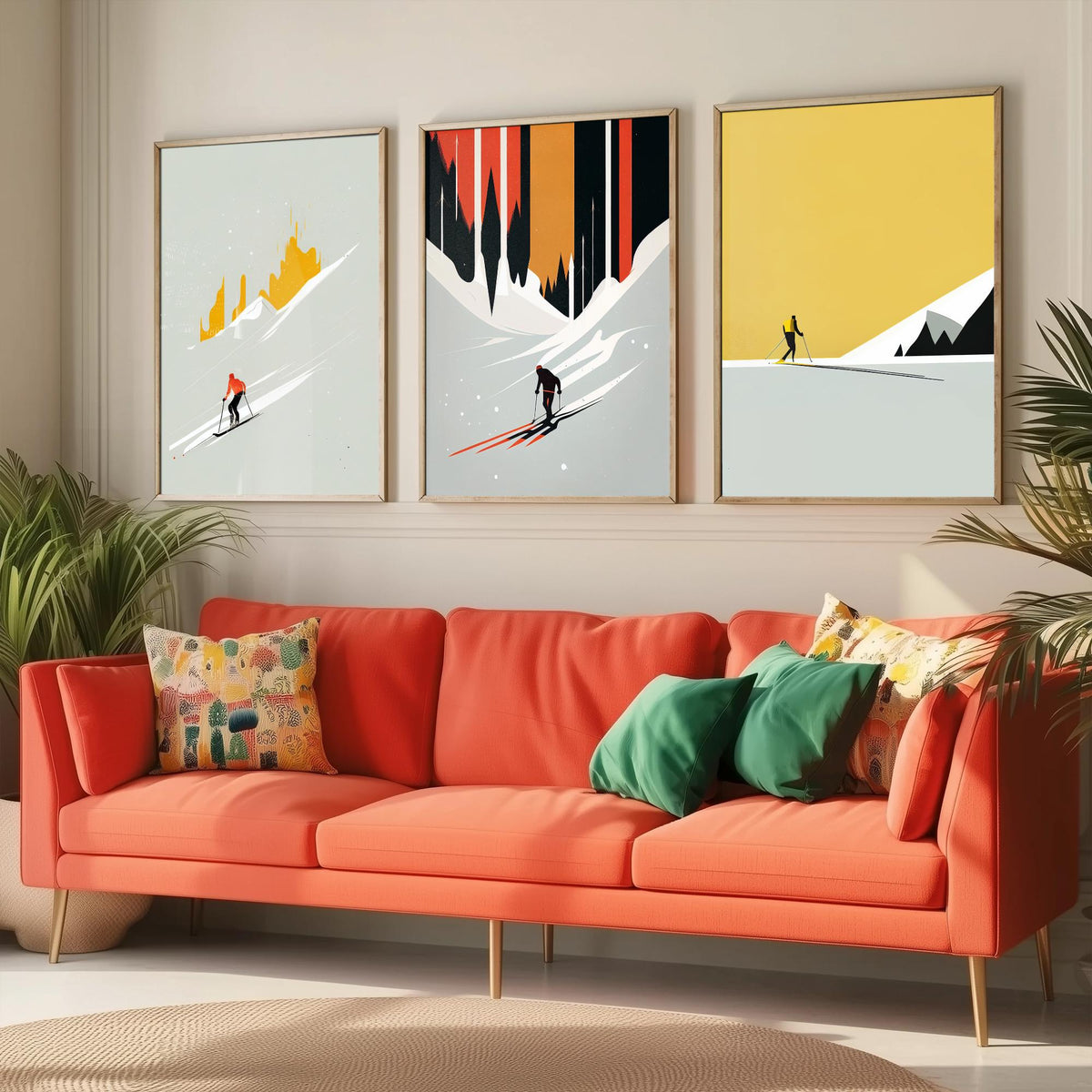 Abstract Skiing Set of Three Art Prints - Minimalist Skiers in Mustard and Black - Modern Ski Poster Illustration V2