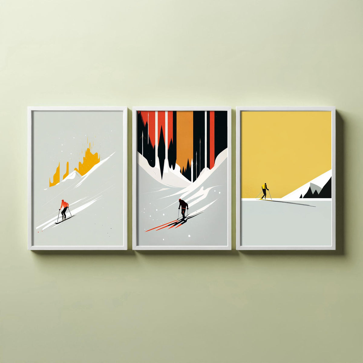 Abstract Skiing Set of Three Art Prints - Minimalist Skiers in Mustard and Black - Modern Ski Poster Illustration V2