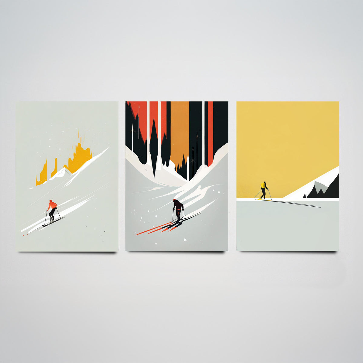 Abstract Skiing Set of Three Art Prints - Minimalist Skiers in Mustard and Black - Modern Ski Poster Illustration V2