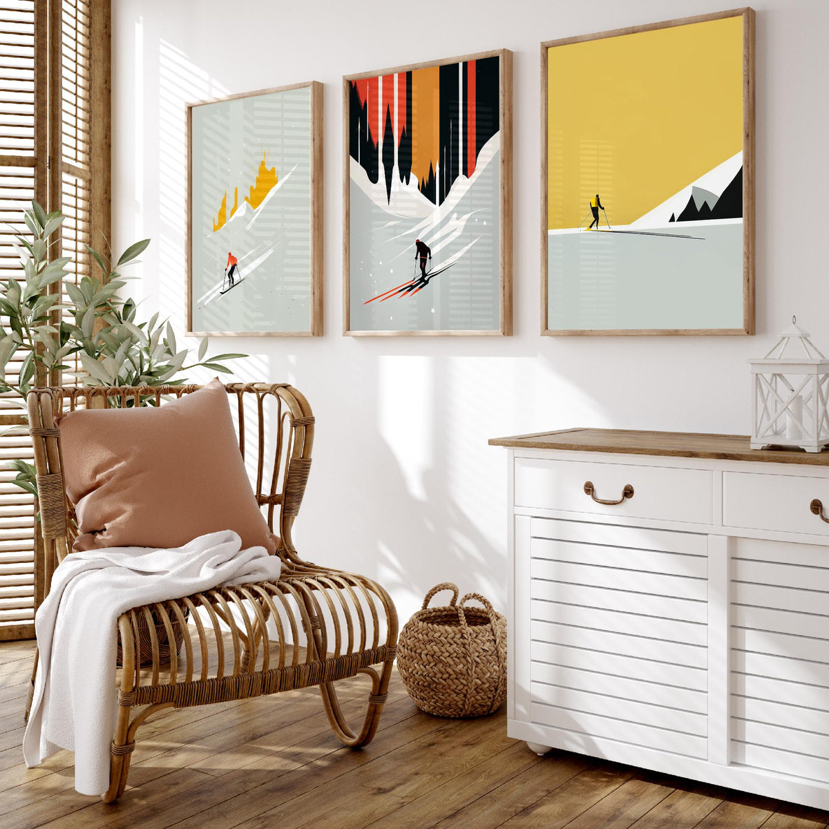 Abstract Skiing Set of Three Art Prints - Minimalist Skiers in Mustard and Black - Modern Ski Poster Illustration V2