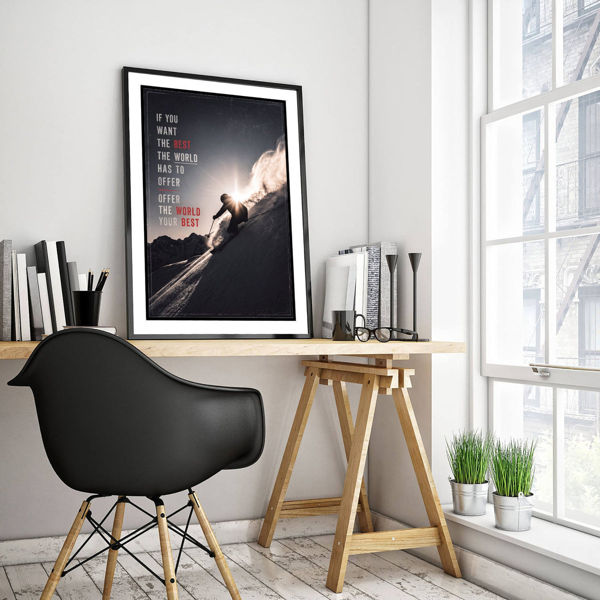 Skiing Motivation Poster - Offer the World Your Best Quote - Powder Skier Photo Art Print - Winter Sun Downhill 2/3