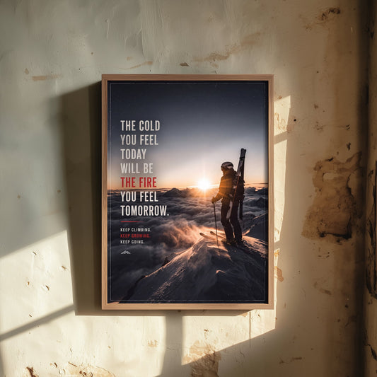 Skiing Motivational Print - The Cold You Feel Today Will Be the Fire Quote - Sunrise Summit Skier Photo Poster - Keep Climbing 3/3