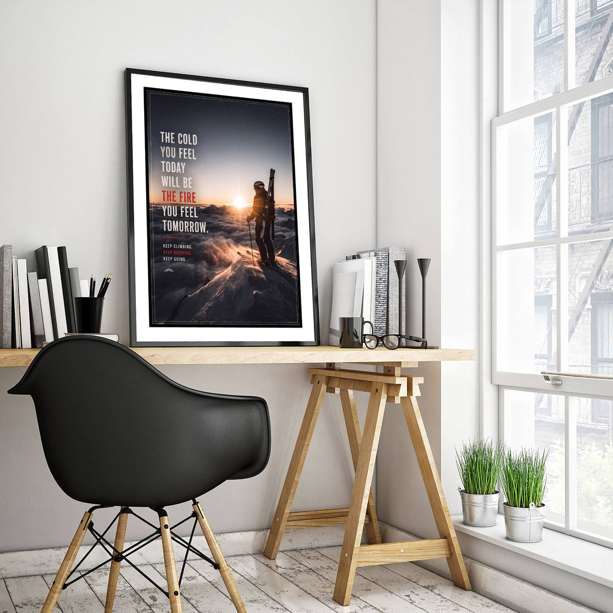 Skiing Motivational Print - The Cold You Feel Today Will Be the Fire Quote - Sunrise Summit Skier Photo Poster - Keep Climbing 3/3