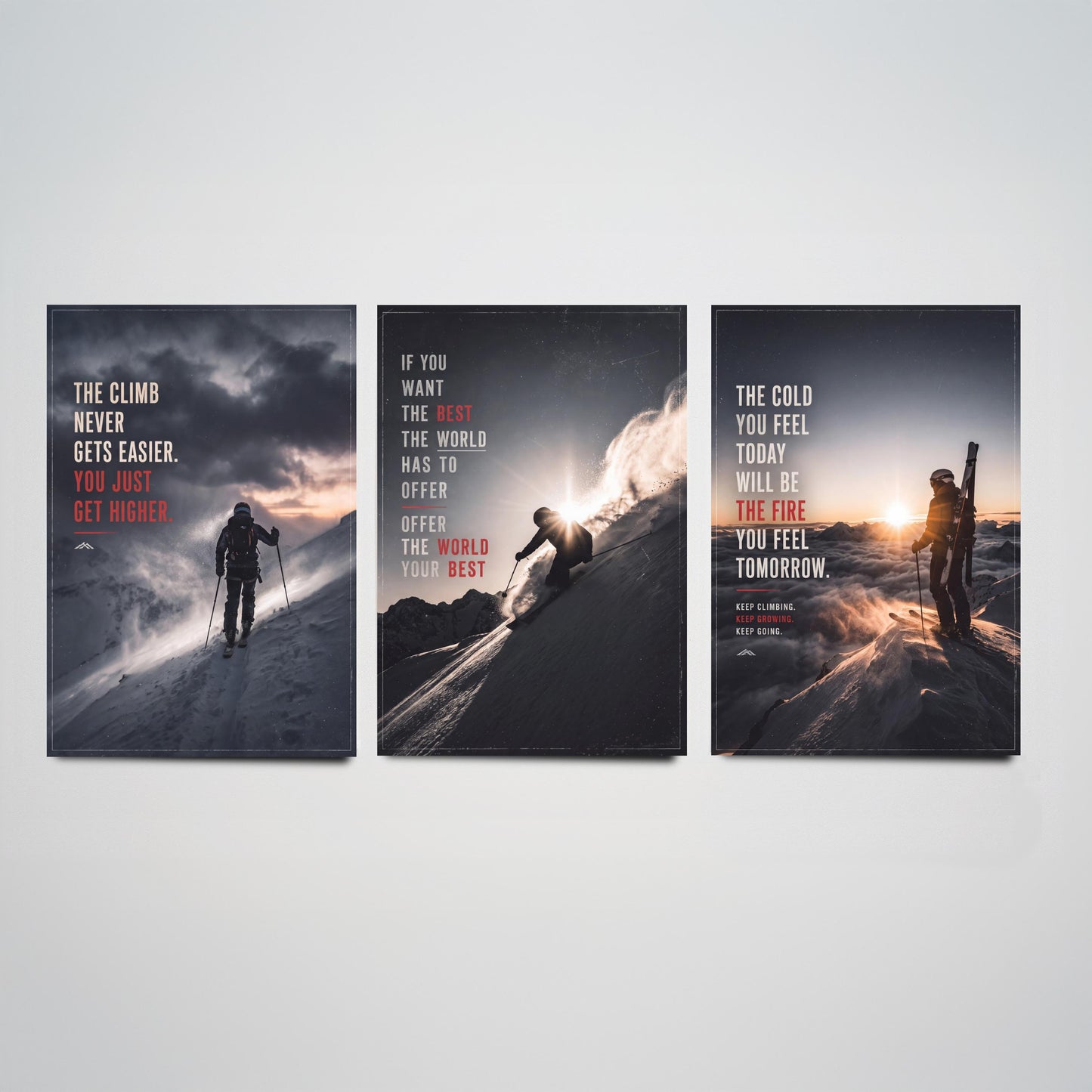 Skiing Motivation Set of Three Prints - 3 Inspirational Quote Posters - Ski Mountain Photo Wall Art - The Cold Will Be The Fire
