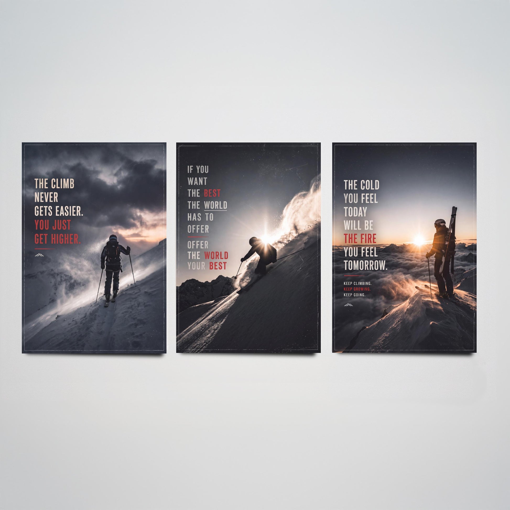 Skiing Motivation Set of Three Prints - 3 Inspirational Quote Posters - Ski Mountain Photo Wall Art - The Cold Will Be The Fire