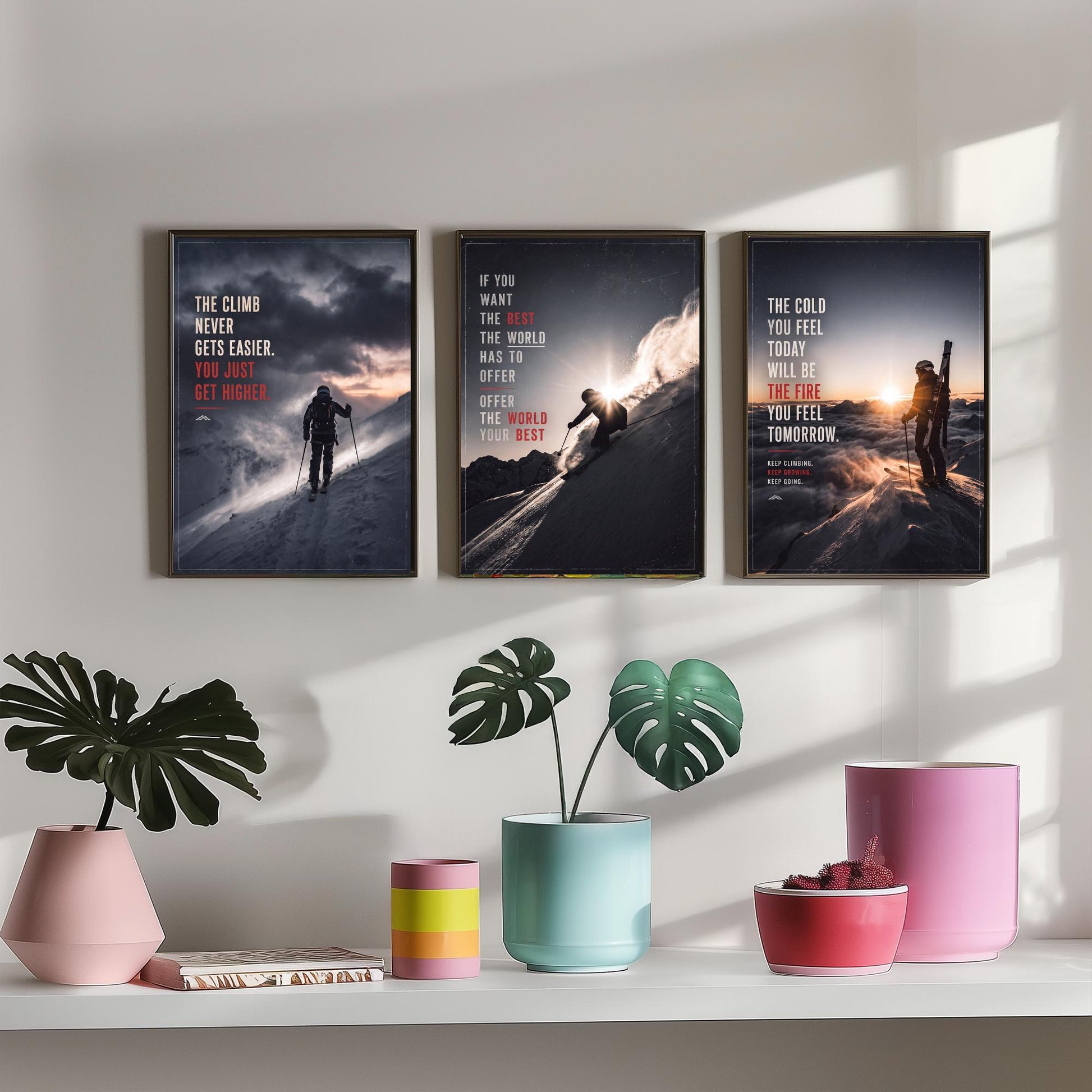 Skiing Motivation Set of Three Prints - 3 Inspirational Quote Posters - Ski Mountain Photo Wall Art - The Cold Will Be The Fire