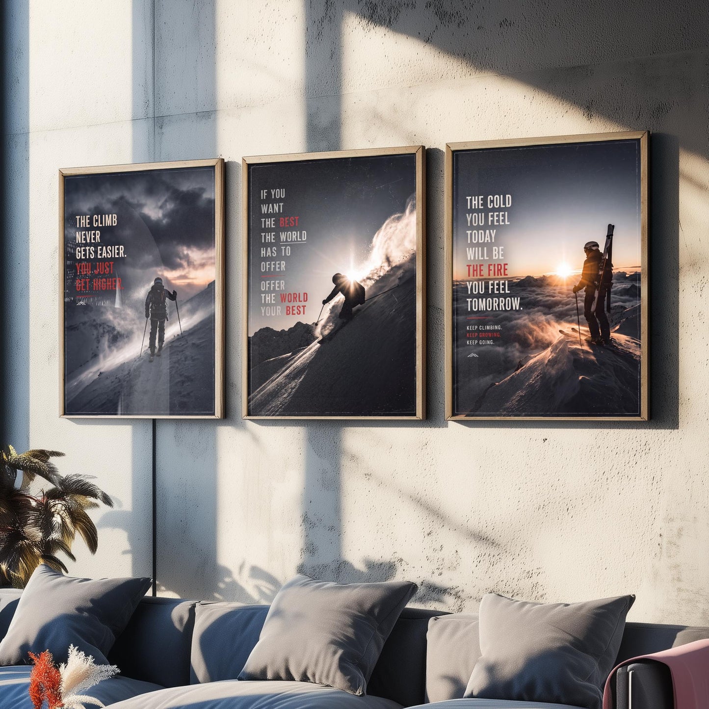 Skiing Motivation Set of Three Prints - 3 Inspirational Quote Posters - Ski Mountain Photo Wall Art - The Cold Will Be The Fire
