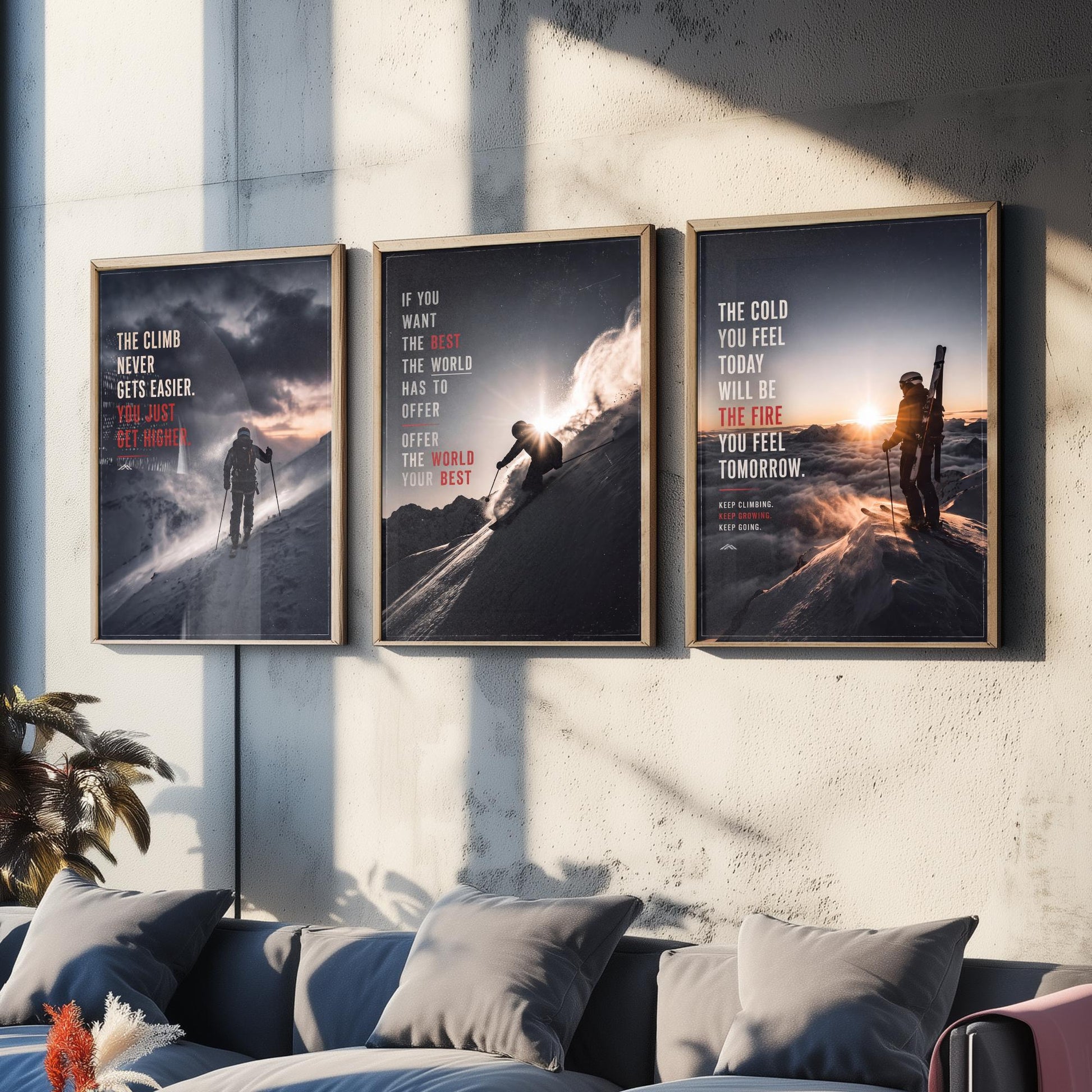 Skiing Motivation Set of Three Prints - 3 Inspirational Quote Posters - Ski Mountain Photo Wall Art - The Cold Will Be The Fire
