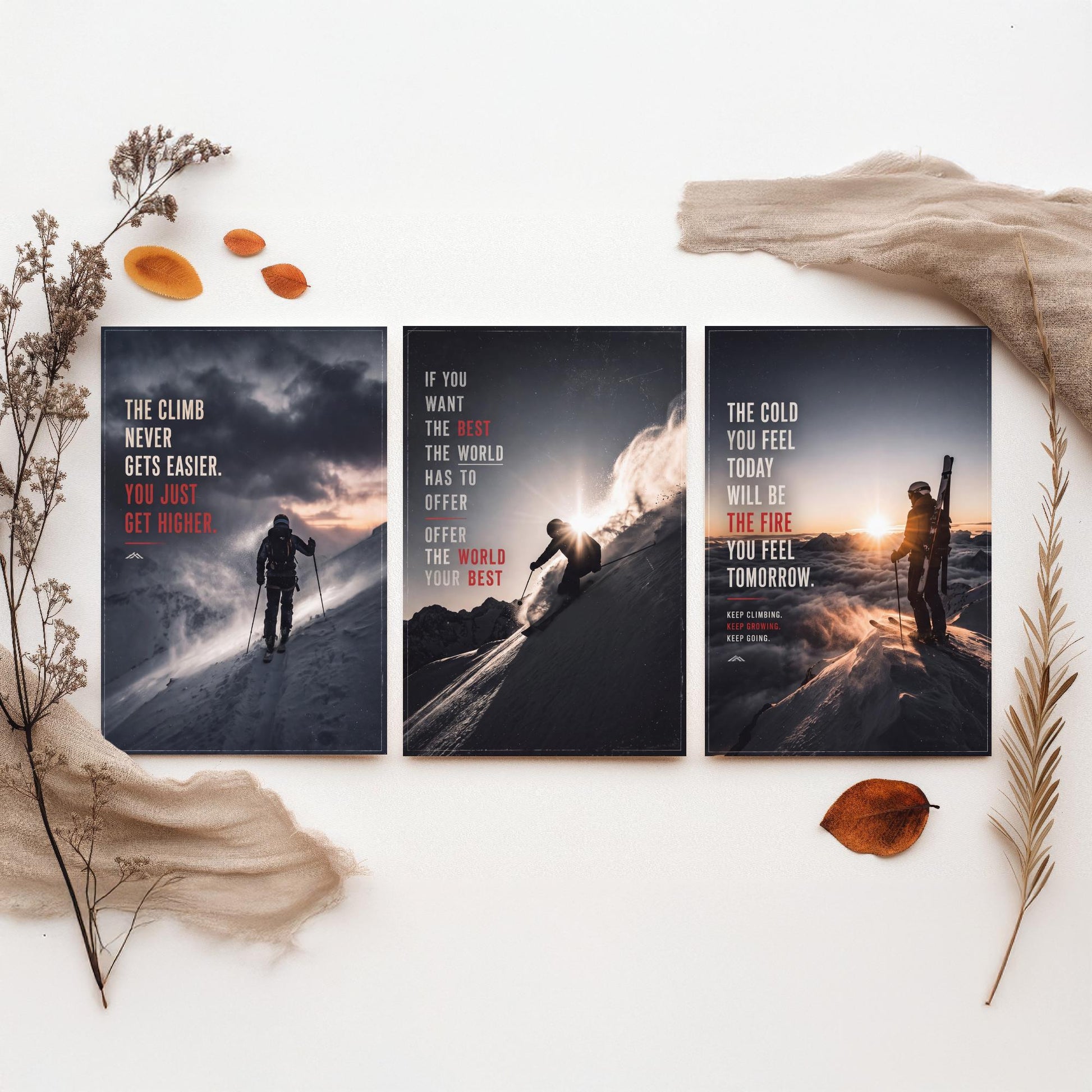 Skiing Motivation Set of Three Prints - 3 Inspirational Quote Posters - Ski Mountain Photo Wall Art - The Cold Will Be The Fire