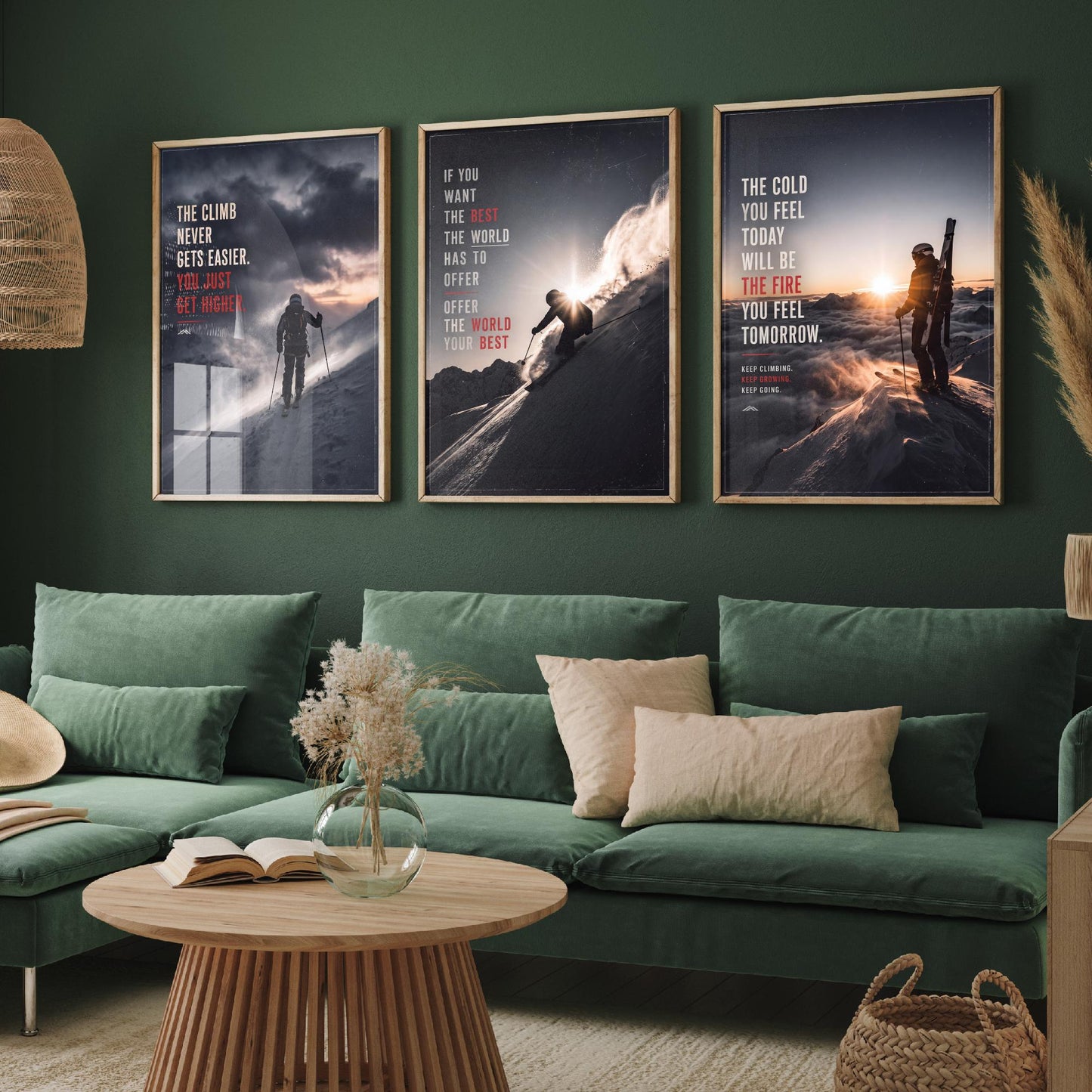 Skiing Motivation Set of Three Prints - 3 Inspirational Quote Posters - Ski Mountain Photo Wall Art - The Cold Will Be The Fire