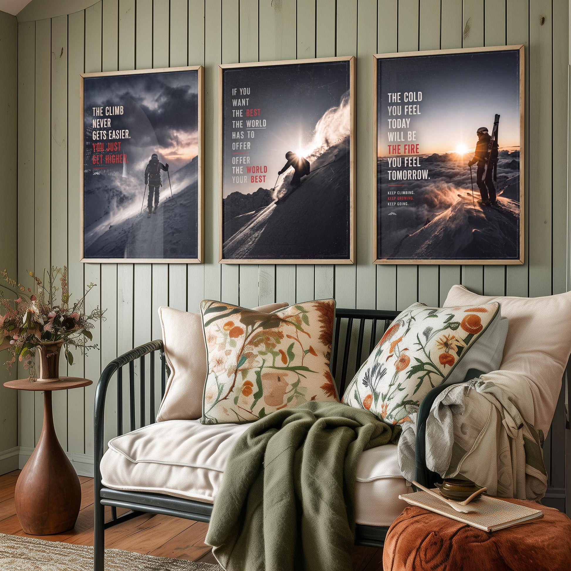 Skiing Motivation Set of Three Prints - 3 Inspirational Quote Posters - Ski Mountain Photo Wall Art - The Cold Will Be The Fire