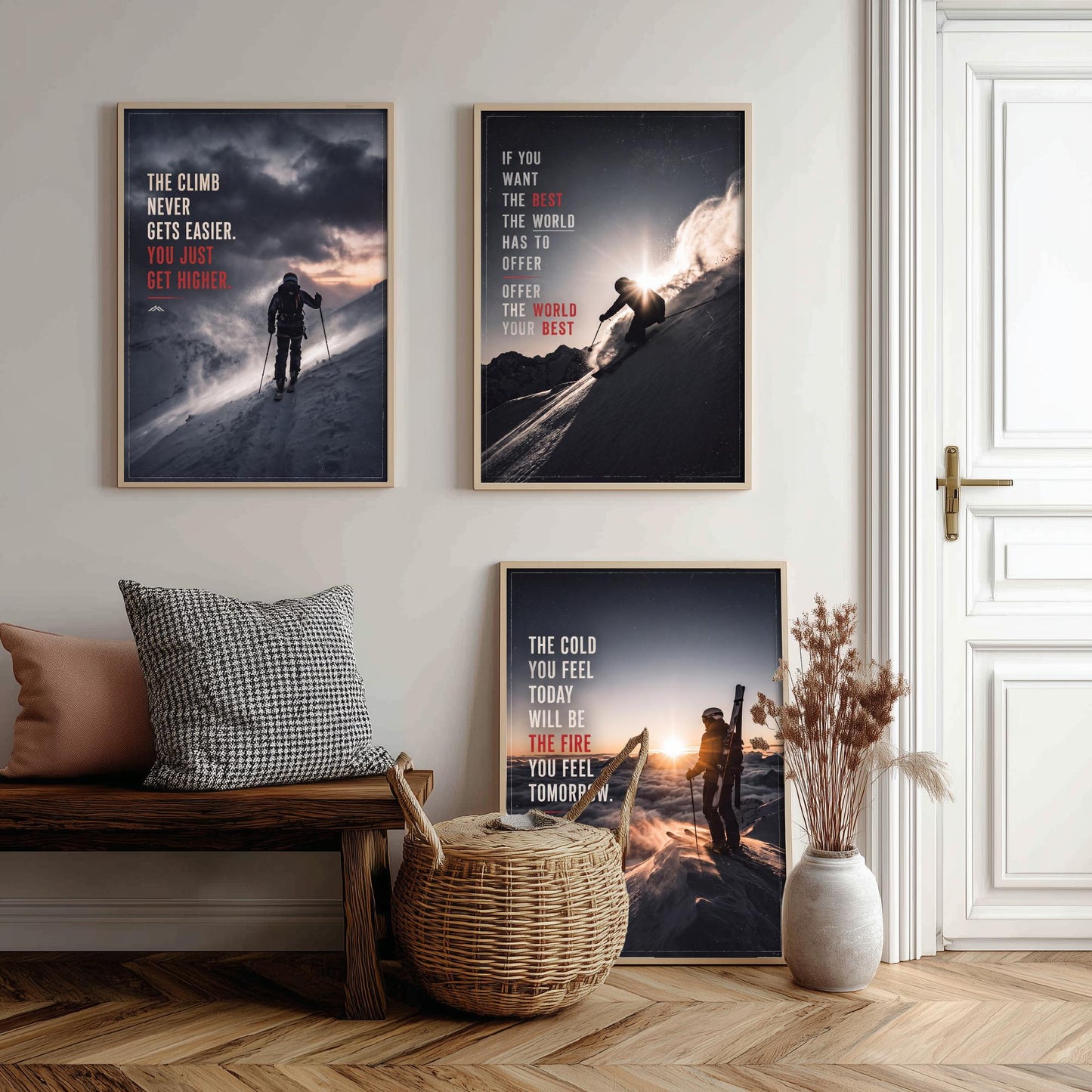 Skiing Motivation Set of Three Prints - 3 Inspirational Quote Posters - Ski Mountain Photo Wall Art - The Cold Will Be The Fire