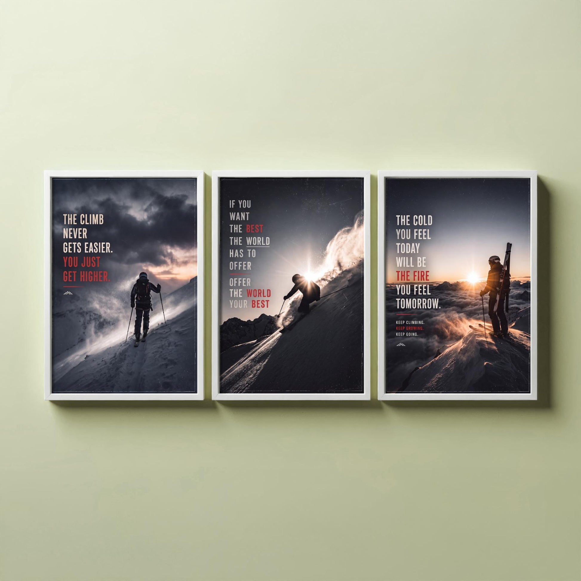 Skiing Motivation Set of Three Prints - 3 Inspirational Quote Posters - Ski Mountain Photo Wall Art - The Cold Will Be The Fire