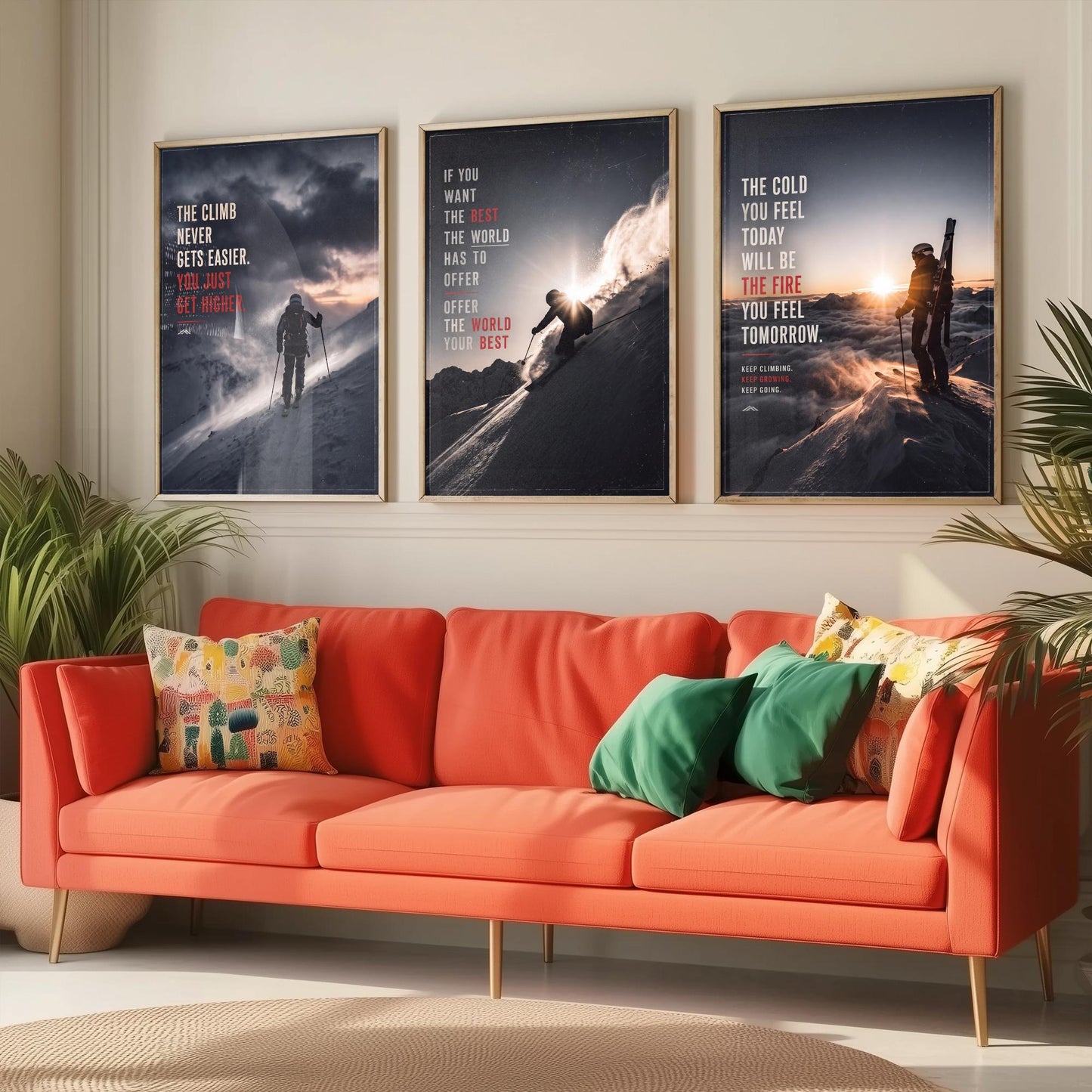 Skiing Motivation Set of Three Prints - 3 Inspirational Quote Posters - Ski Mountain Photo Wall Art - The Cold Will Be The Fire