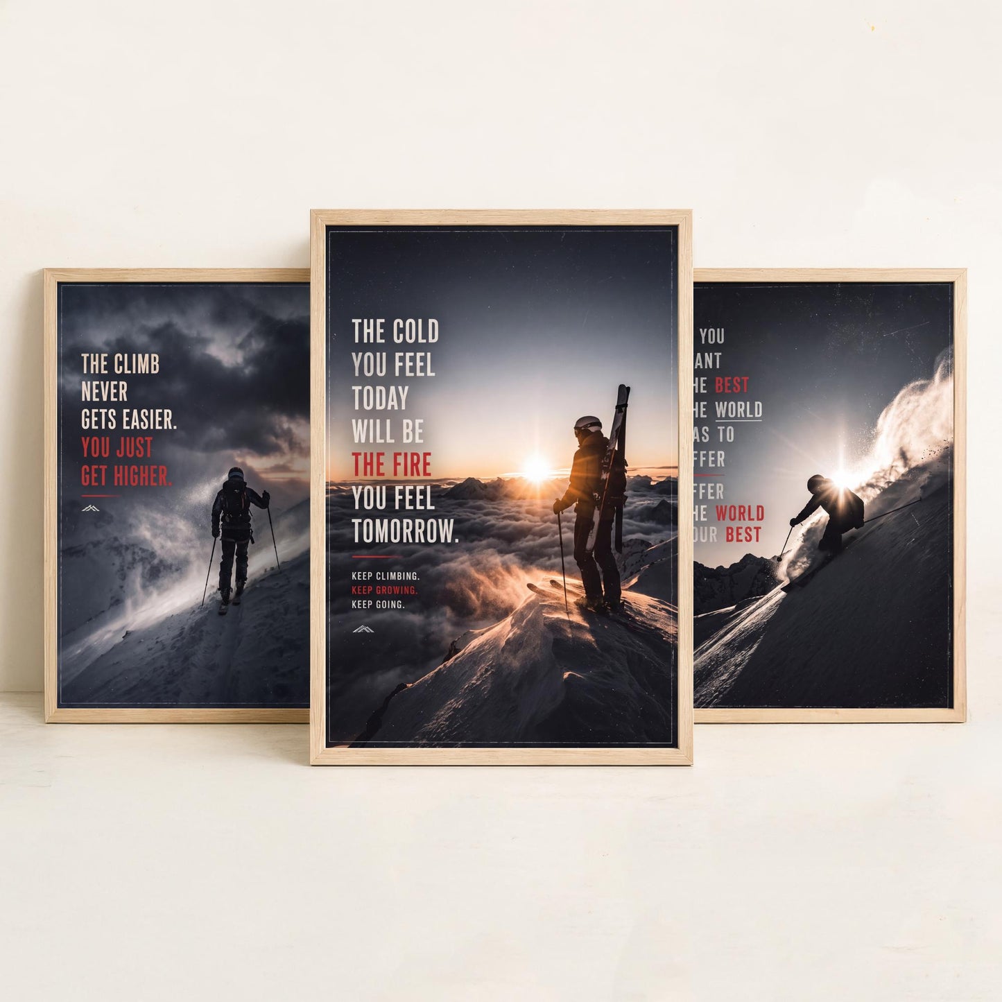 Skiing Motivation Set of Three Prints - 3 Inspirational Quote Posters - Ski Mountain Photo Wall Art - The Cold Will Be The Fire