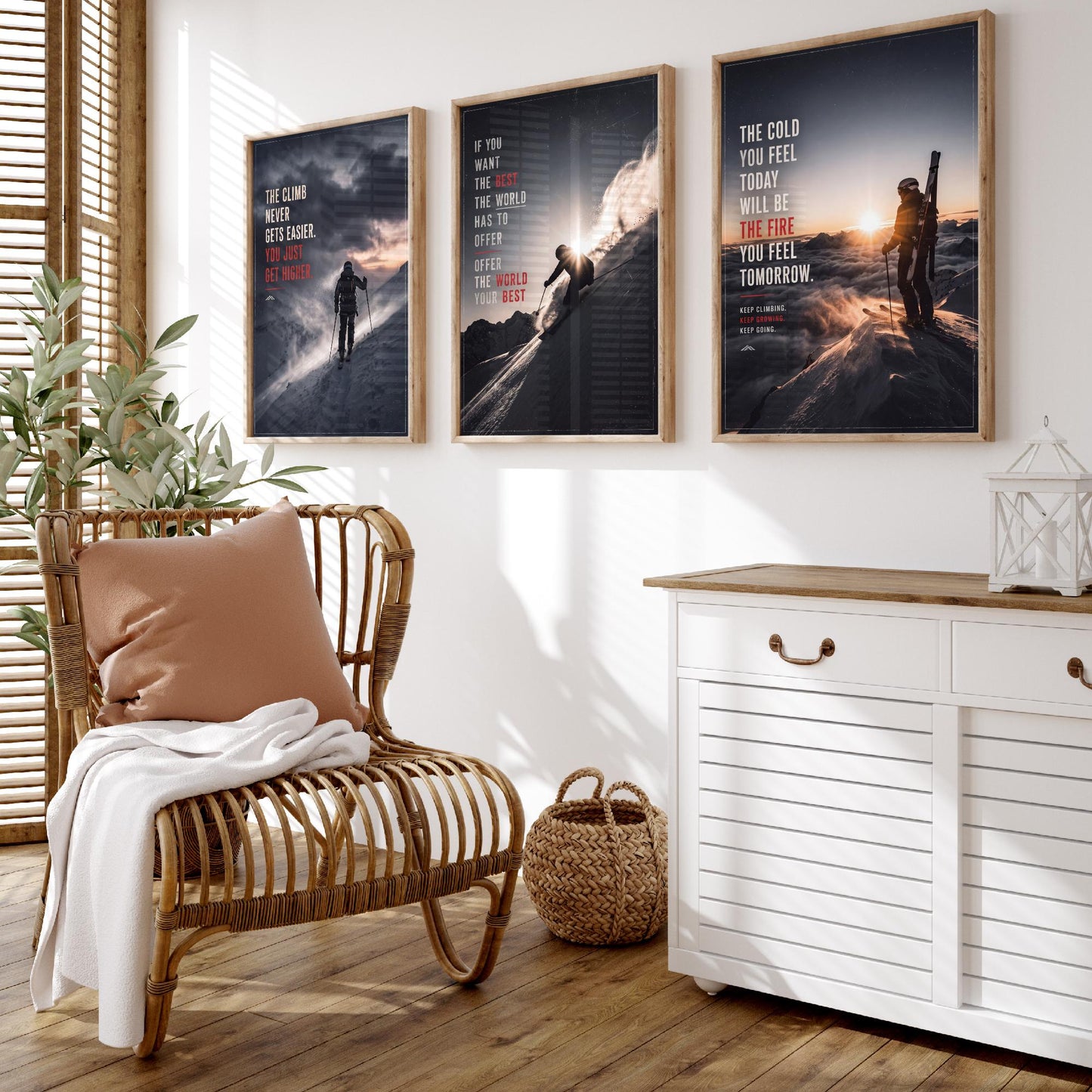 Skiing Motivation Set of Three Prints - 3 Inspirational Quote Posters - Ski Mountain Photo Wall Art - The Cold Will Be The Fire