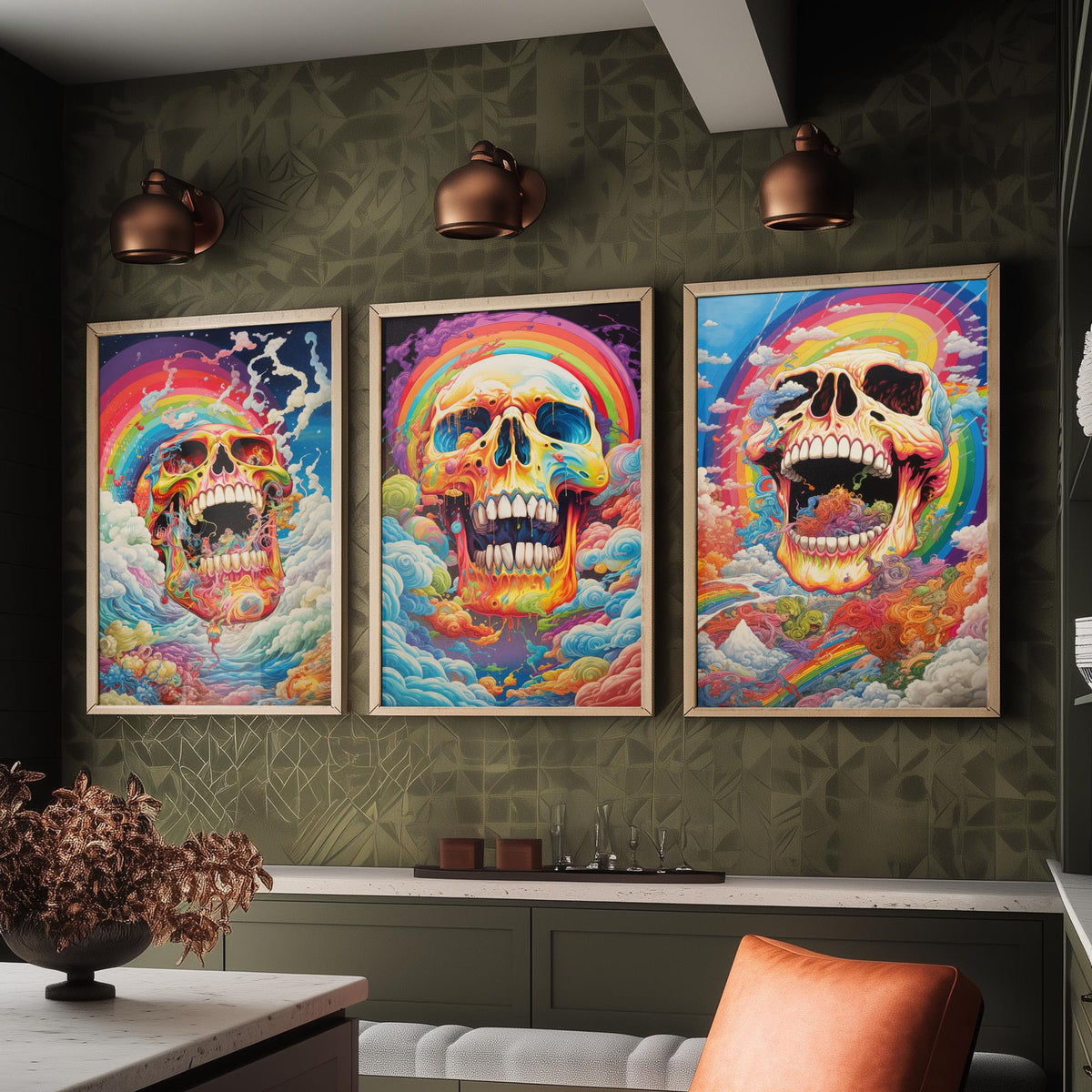 Rainbow Skulls Set of Three Art Prints - Psychedelic Skulls in Swirling Clouds - Vivid Gothic Poster Illustration