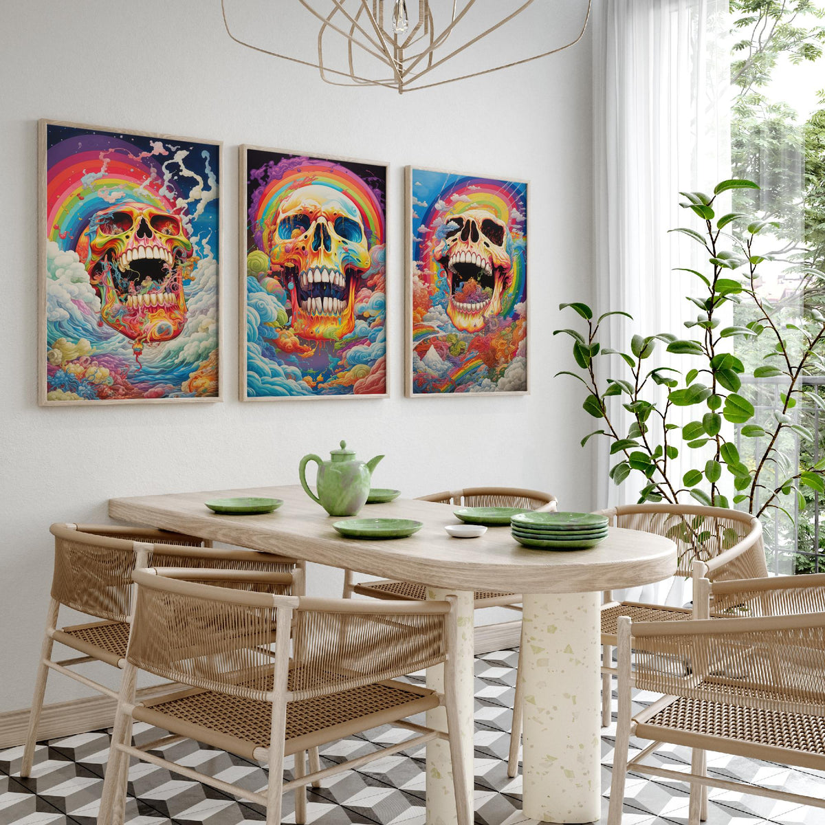 Rainbow Skulls Set of Three Art Prints - Psychedelic Skulls in Swirling Clouds - Vivid Gothic Poster Illustration