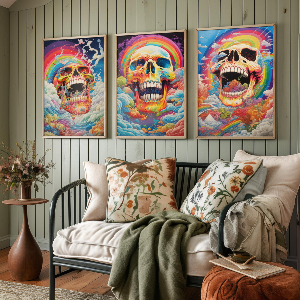 Rainbow Skulls Set of Three Art Prints - Psychedelic Skulls in Swirling Clouds - Vivid Gothic Poster Illustration